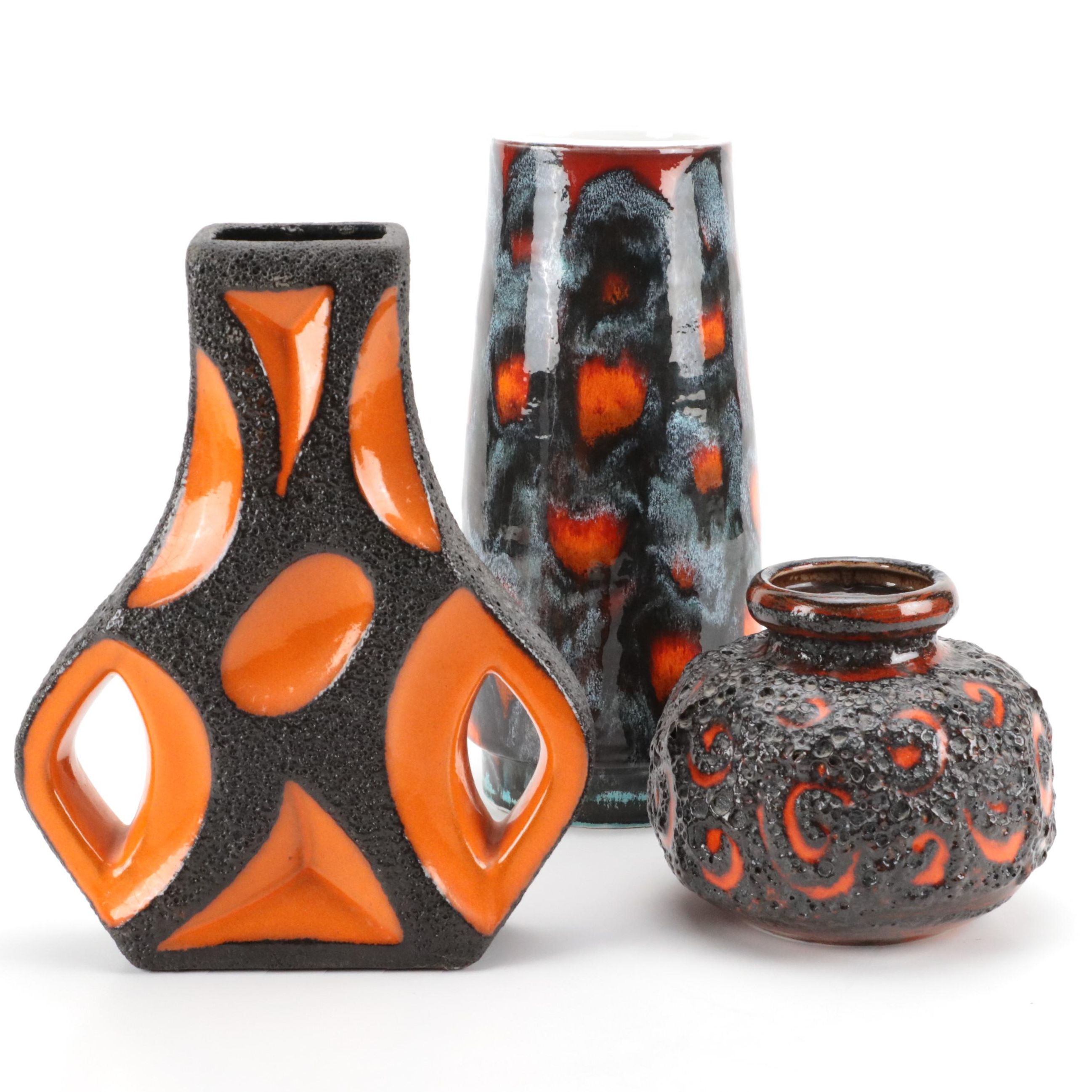 West German Fat Lava Vases with Poole English Vase, Mid to Late 20th Century