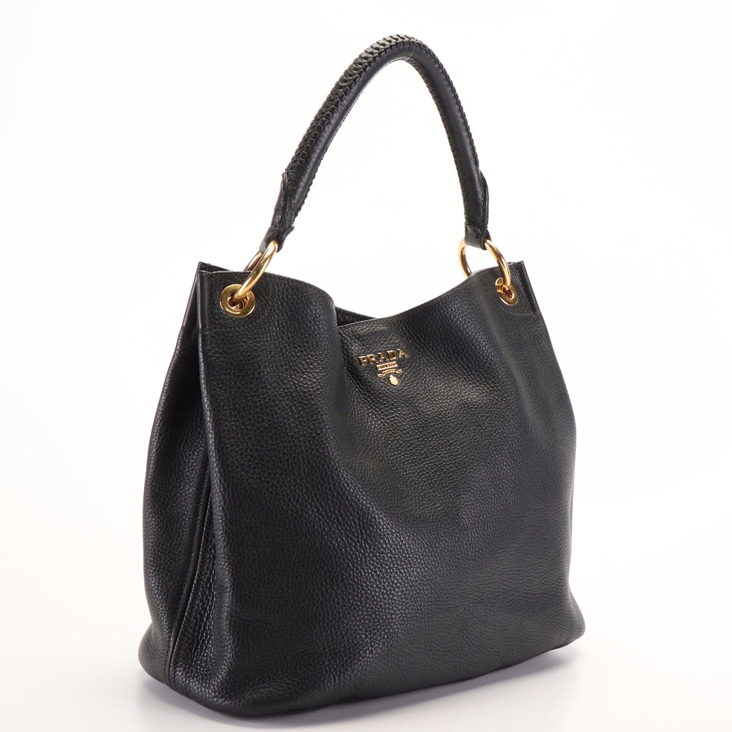 Prada Hobo Shoulder Bag in Black Vitello Daino Leather