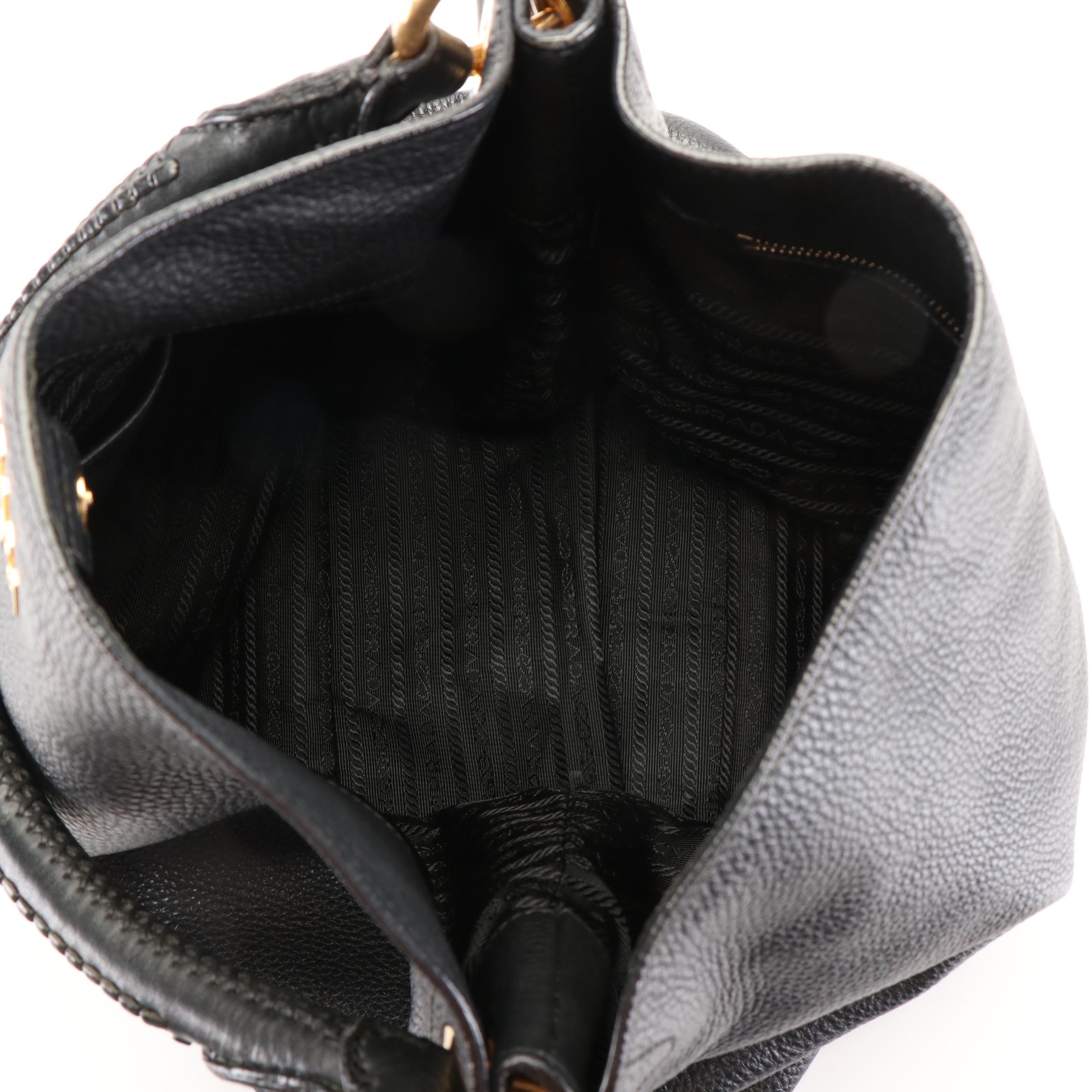 Prada Hobo Shoulder Bag in Black Vitello Daino Leather