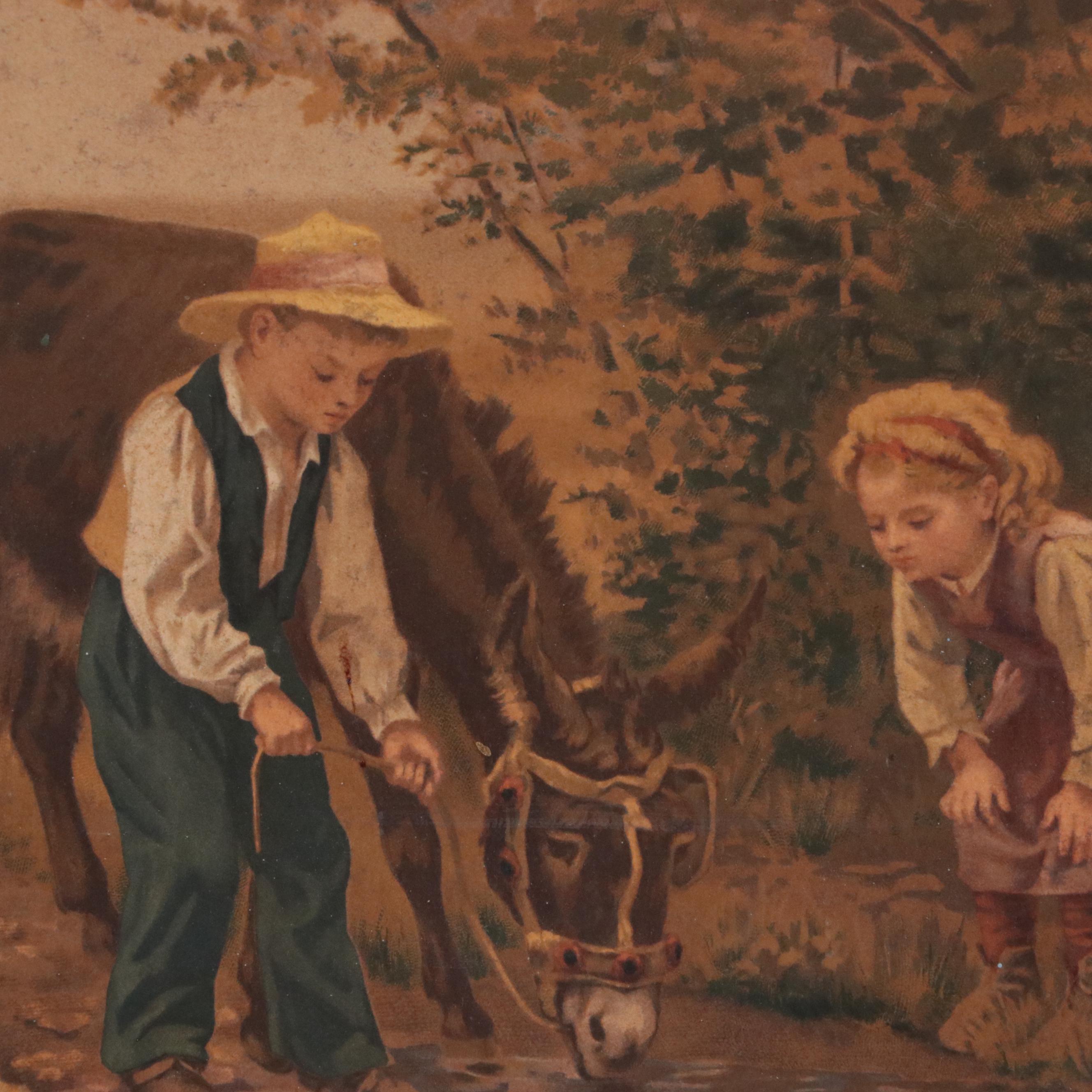 Victorian Trifold Hanging Shaving Mirror with Chromolithograph in Frame