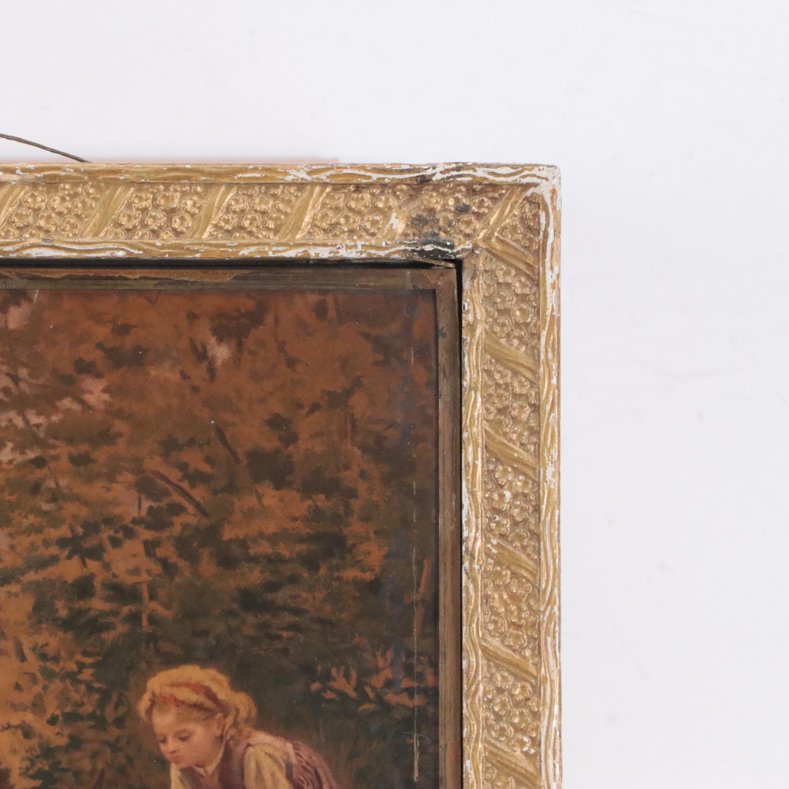 Victorian Trifold Hanging Shaving Mirror with Chromolithograph in Frame