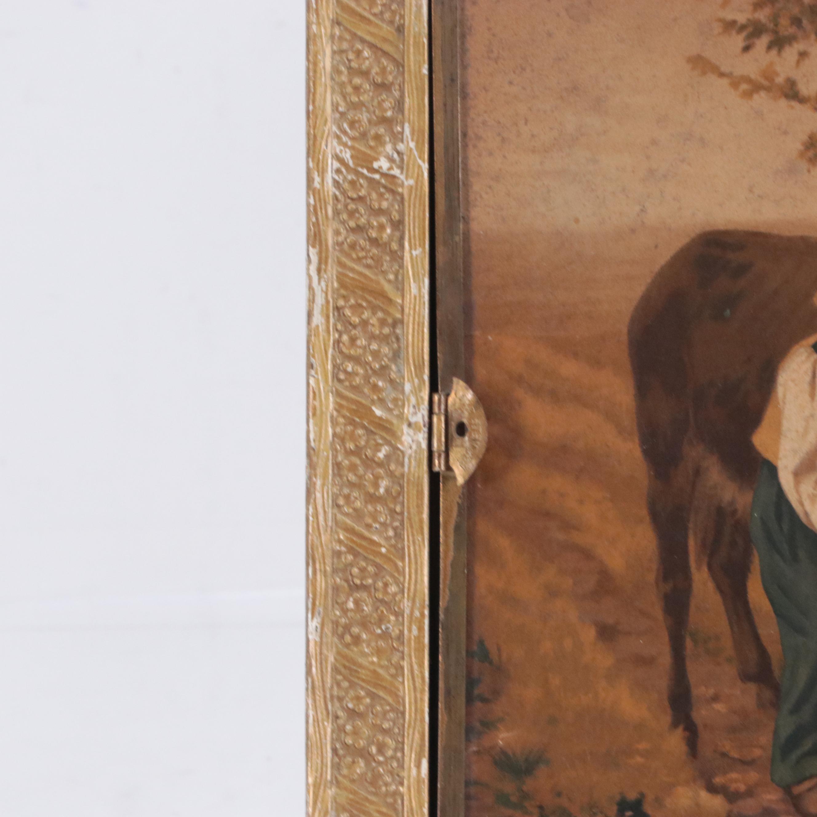 Victorian Trifold Hanging Shaving Mirror with Chromolithograph in Frame