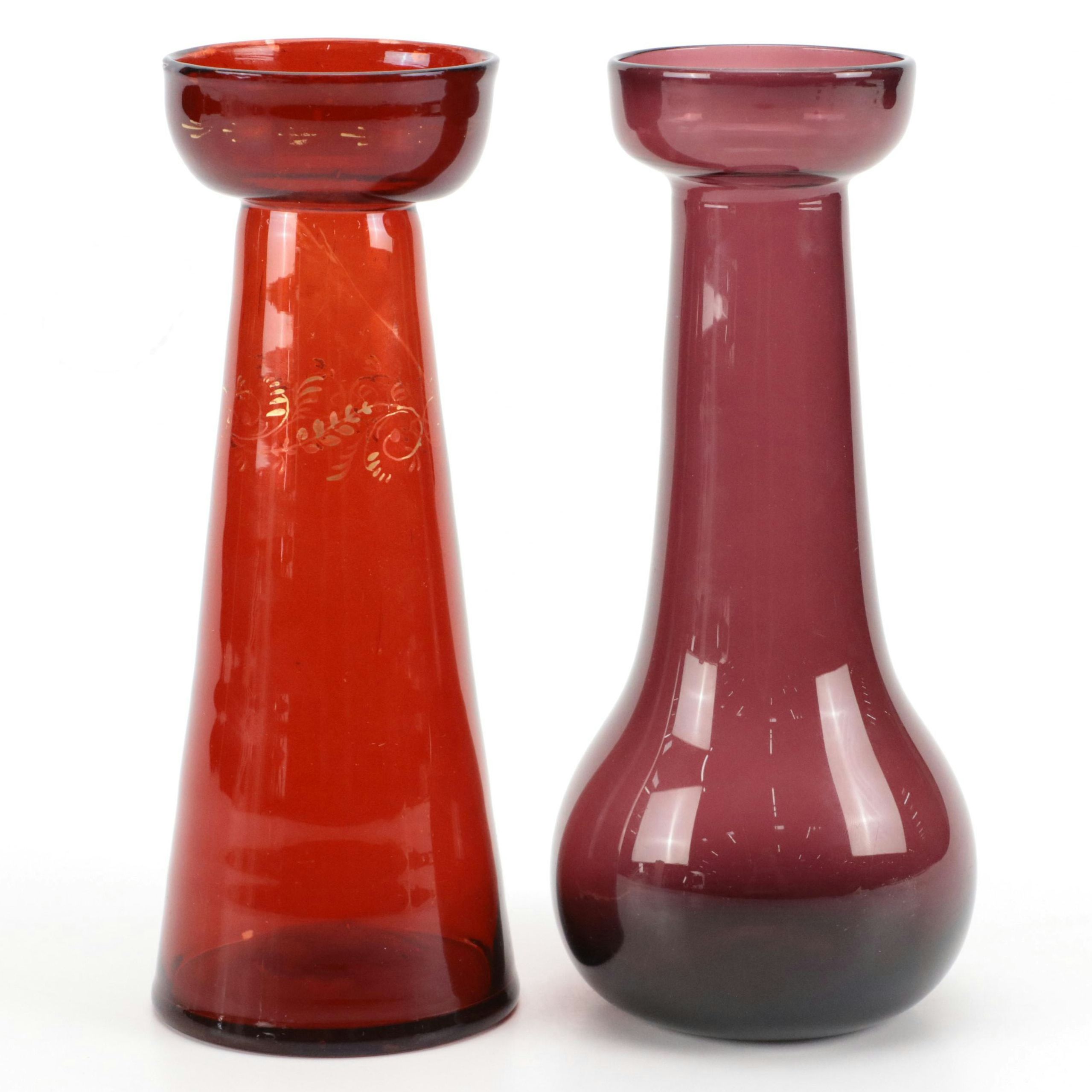 Blown Glass Purple Vase with Ruby Blown Glass Candle Stand, Vintage