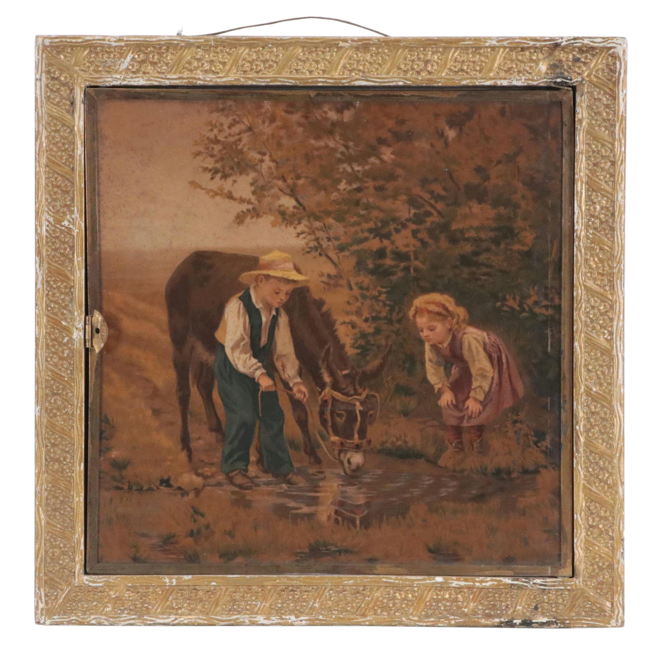 Victorian Trifold Hanging Shaving Mirror with Chromolithograph in Frame