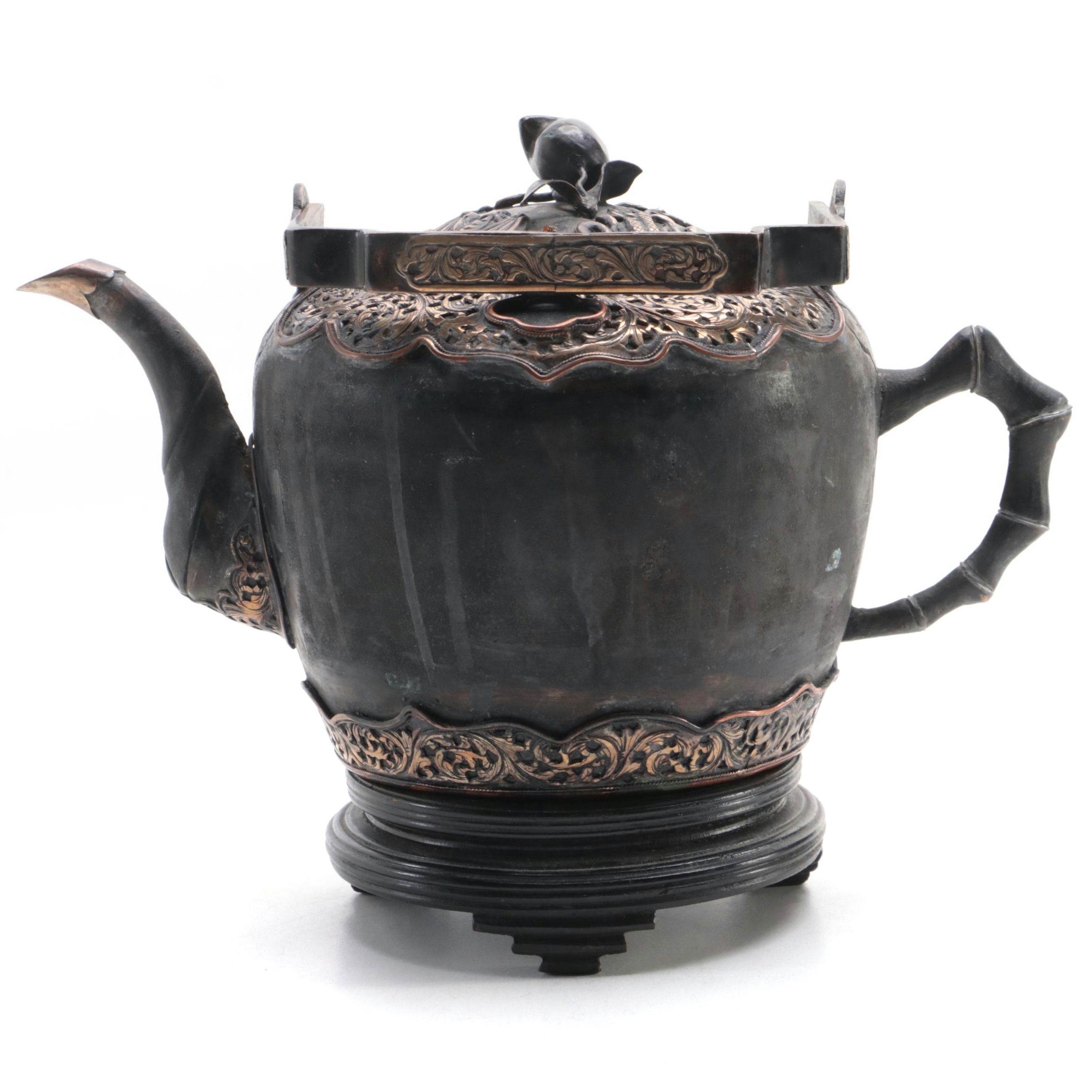 Chinese Metal Teapot with Acanthus Leaf Detail and Footed Wood Stand