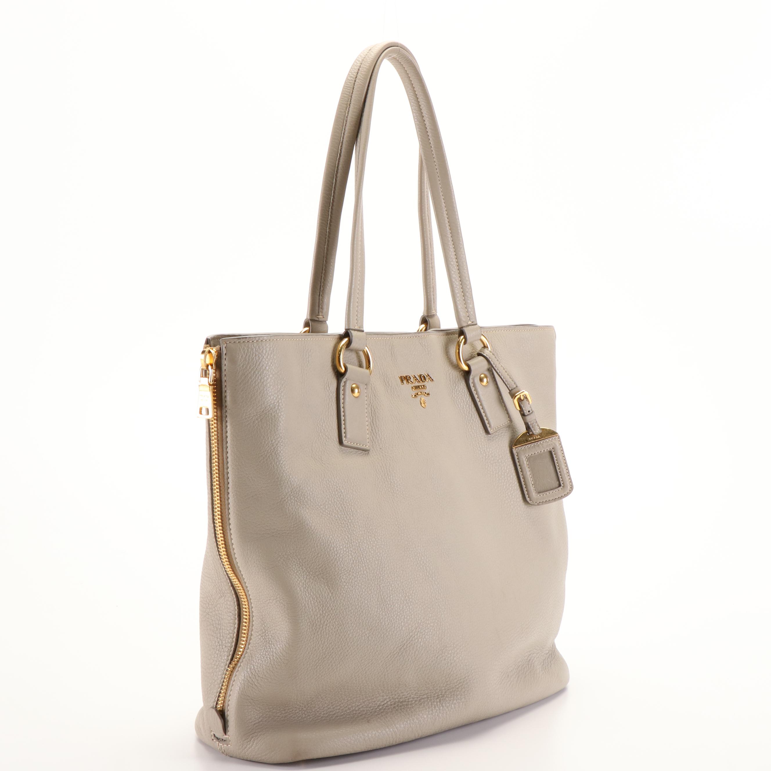 Prada Side Zip Shopper Tote Bag in Neutral Vitello Daino Leather