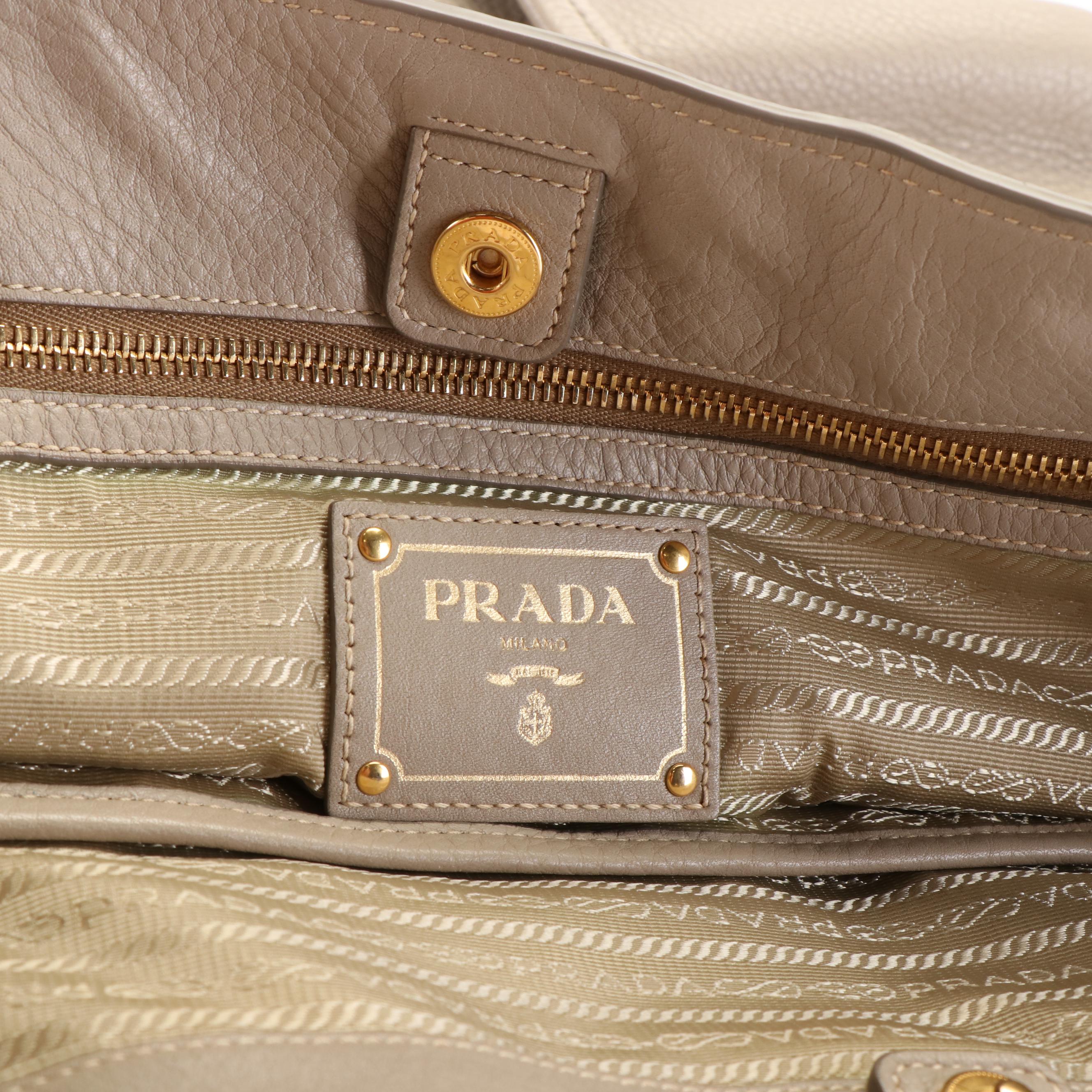 Prada Side Zip Shopper Tote Bag in Neutral Vitello Daino Leather