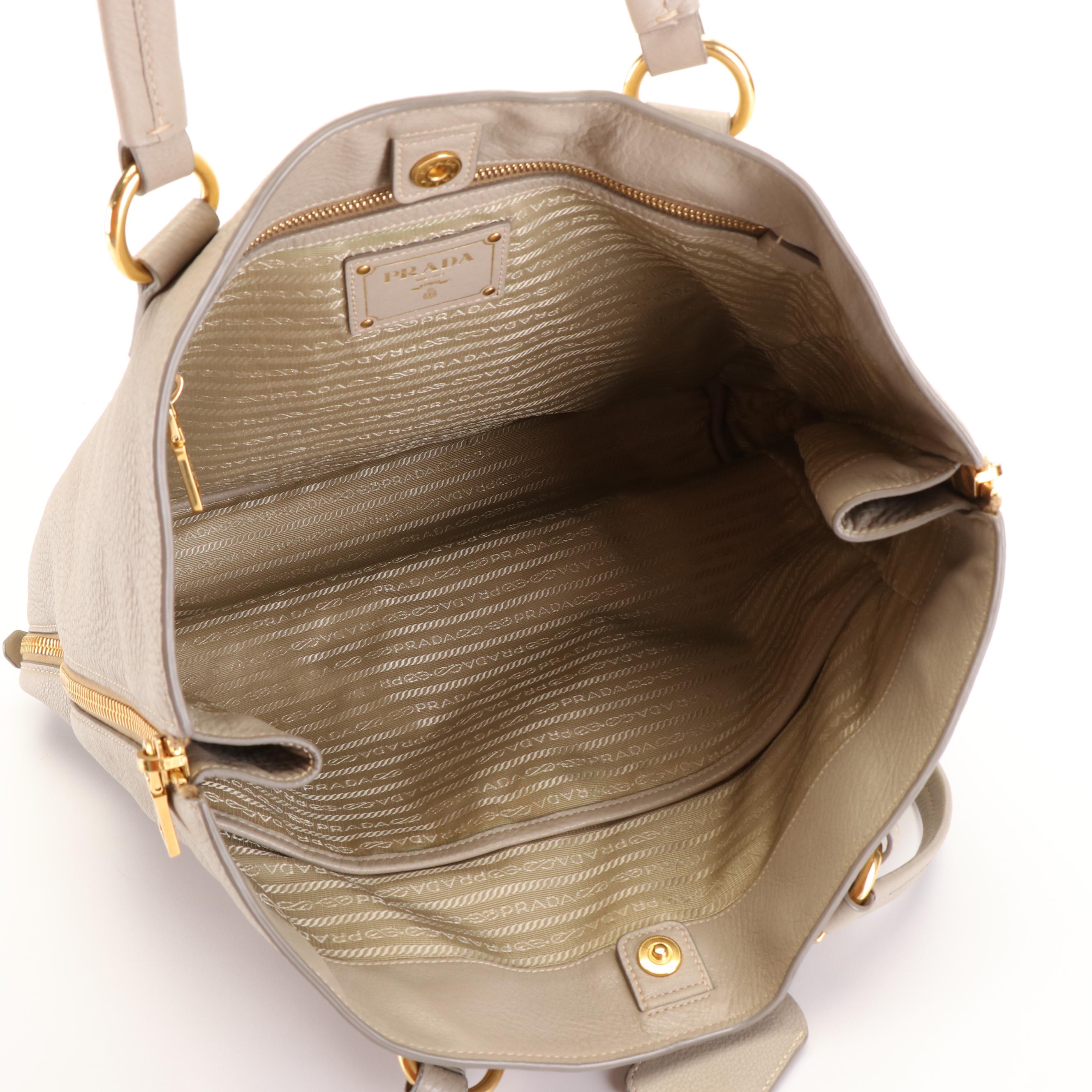 Prada Side Zip Shopper Tote Bag in Neutral Vitello Daino Leather