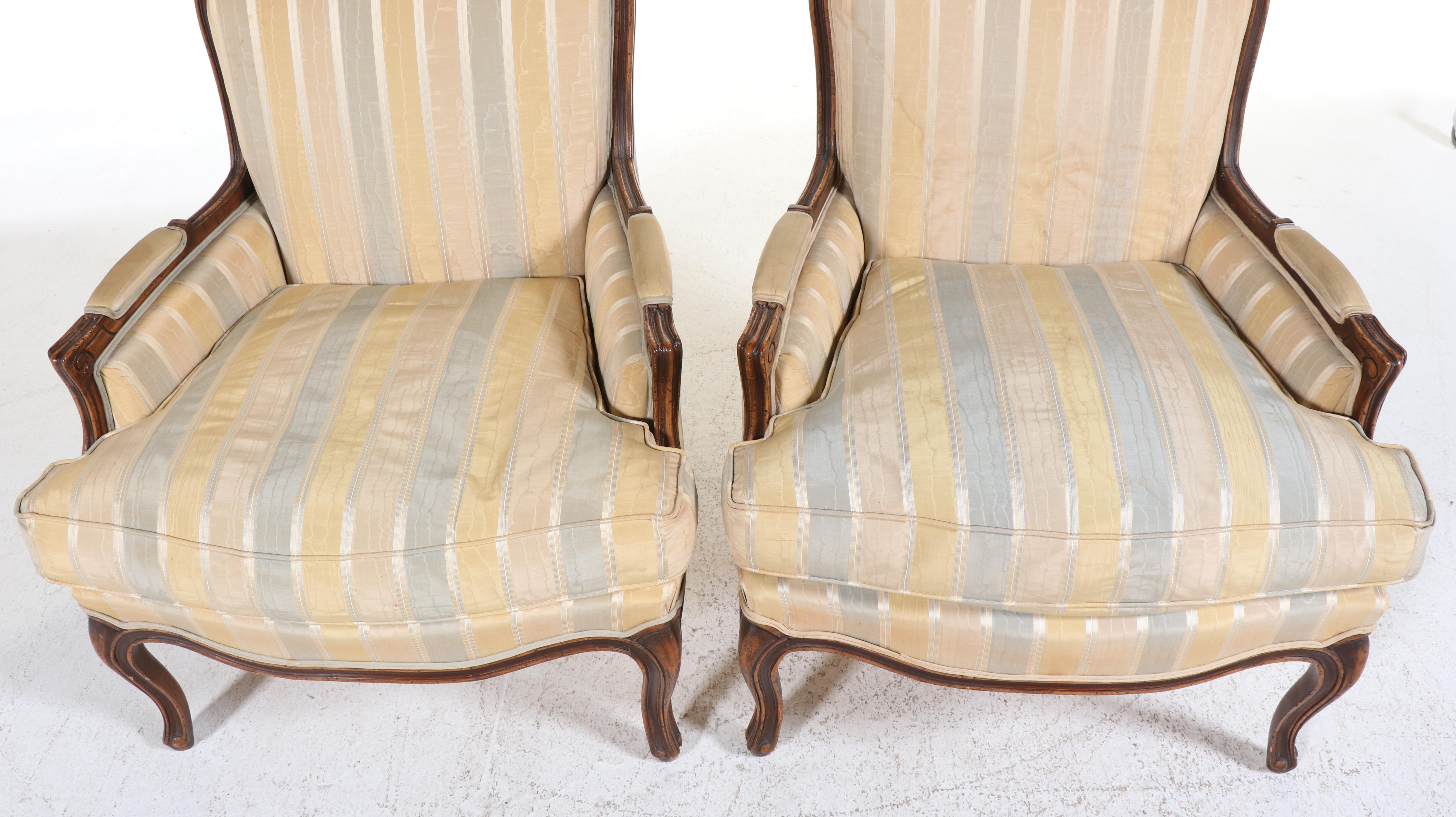 Pair of W. & J. Sloane Inc. Louis XV Style Beech and Custom-Upholstered Bergères