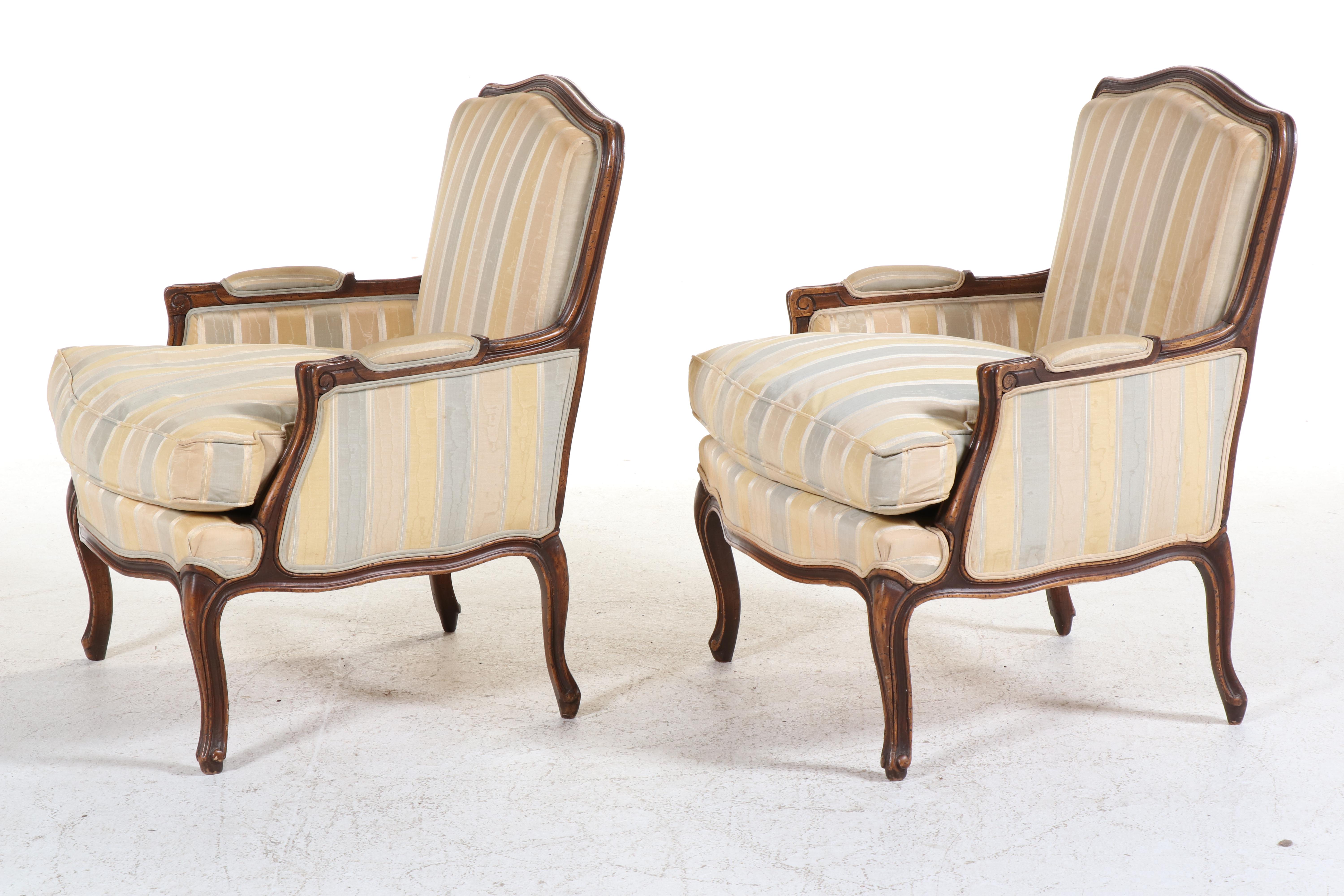 Pair of W. & J. Sloane Inc. Louis XV Style Beech and Custom-Upholstered Bergères