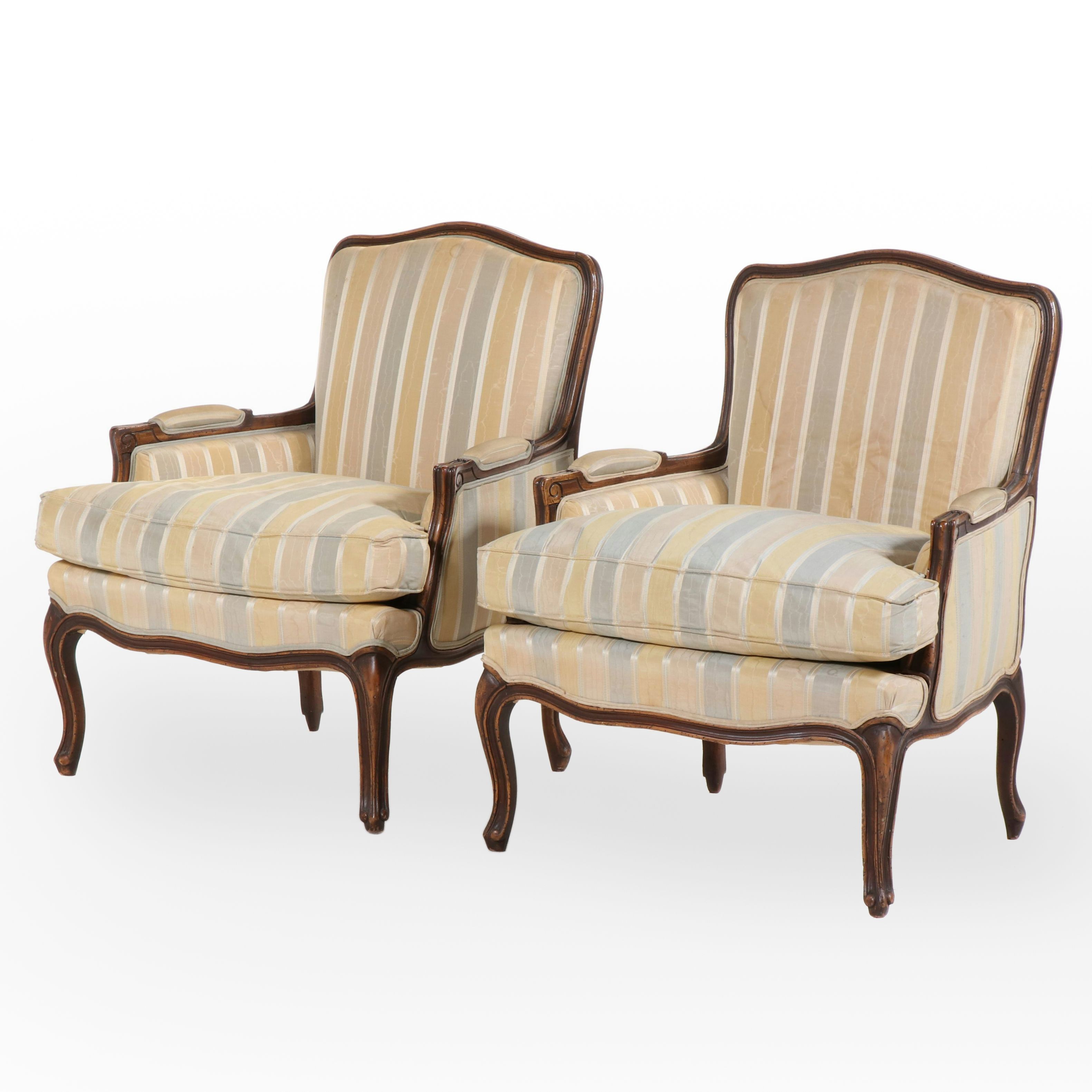 Pair of W. & J. Sloane Inc. Louis XV Style Beech and Custom-Upholstered Bergères