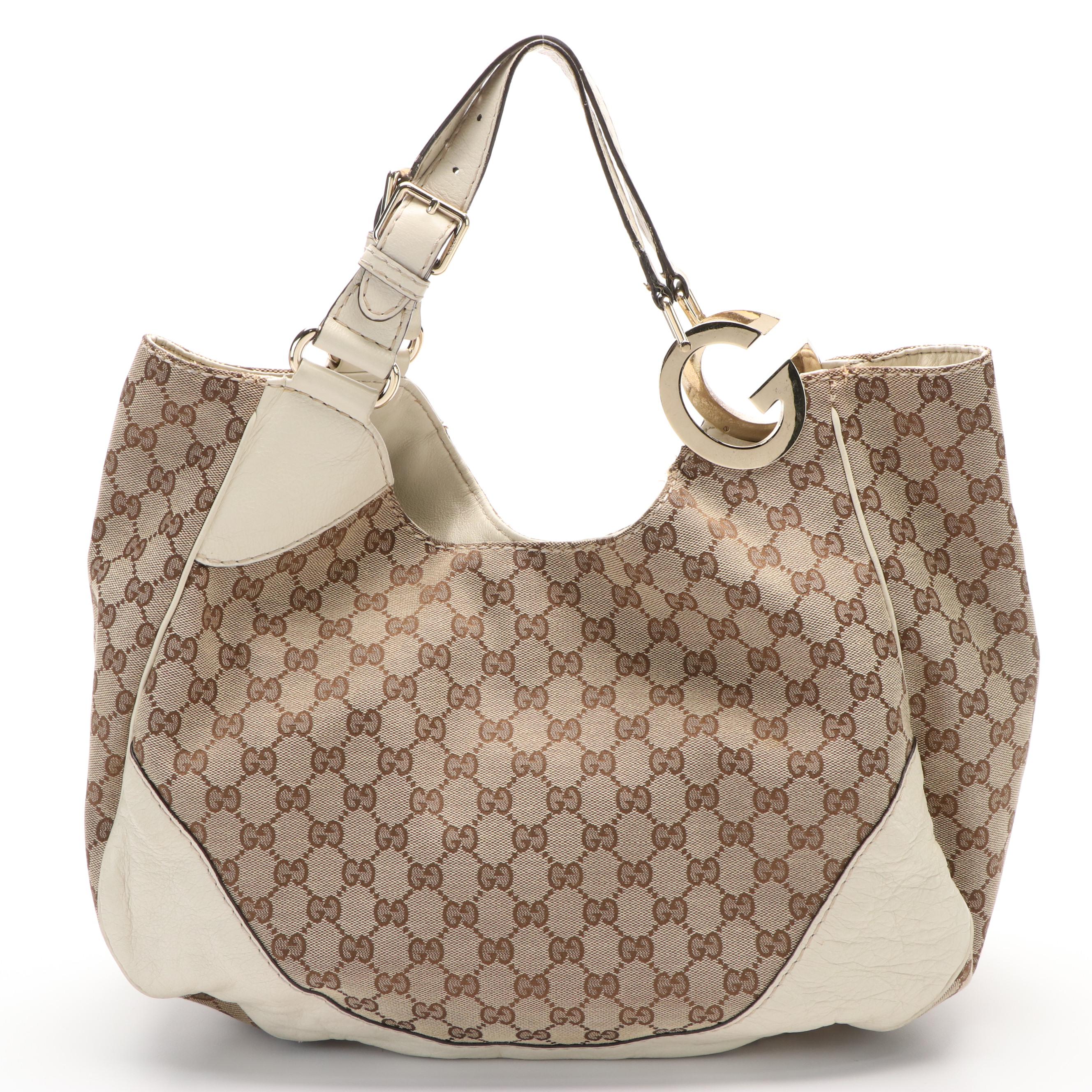 Gucci Charlotte Tote Bag in GG Canvas and White Leather