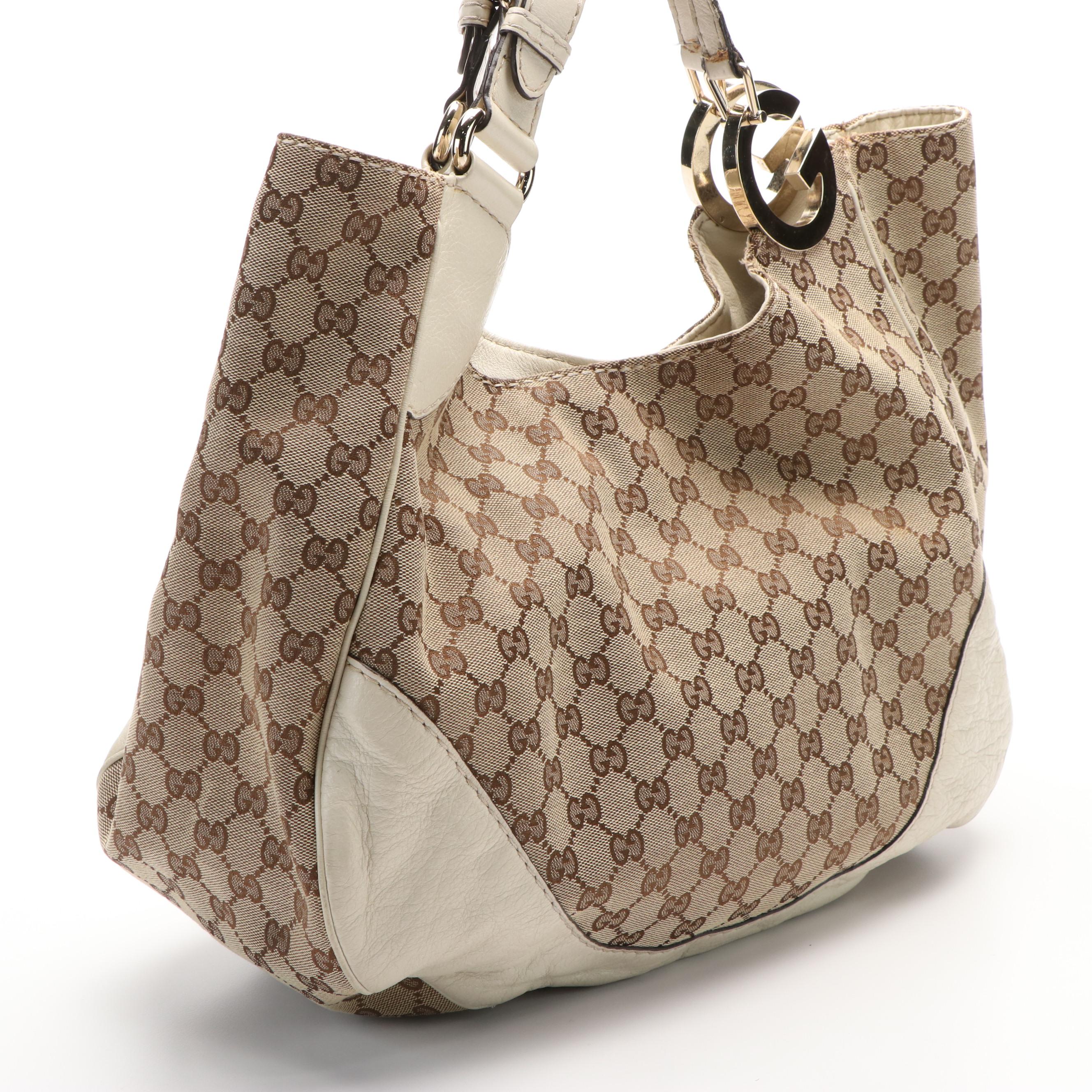 Gucci Charlotte Tote Bag in GG Canvas and White Leather