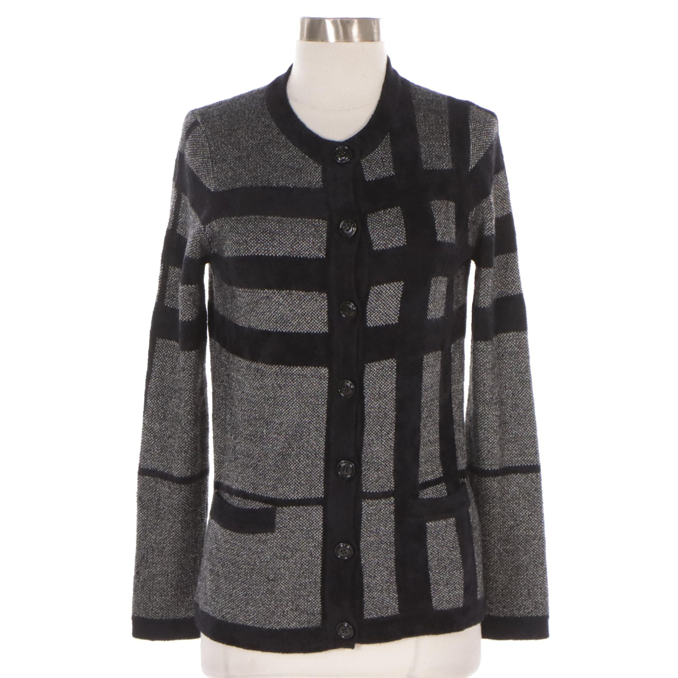 Burberry Red Label Cardigan Sweater in Black and Grey Checked Wool and Acrylic