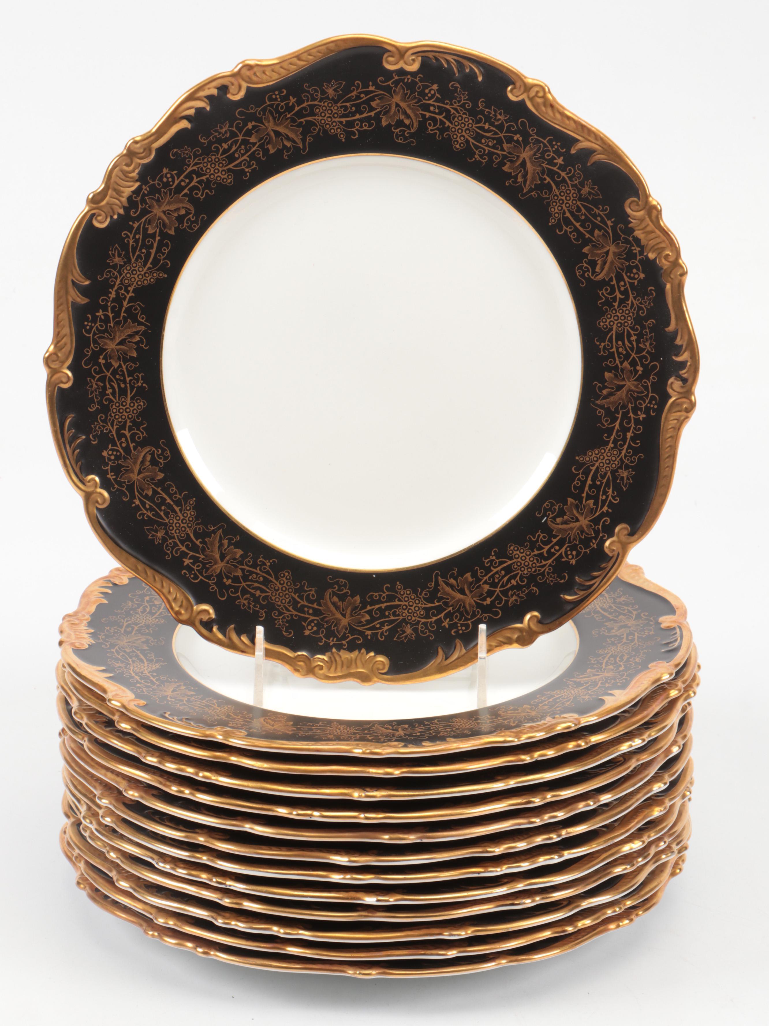 Coalport "Hazelton" Gilt Bone China Dinner Plates with Cups and Saucers, 1970s EBTH