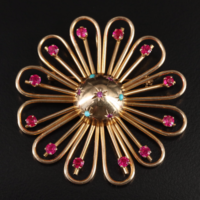 Retro Coro 10K Ruby and Turquoise Floral Converter Brooch