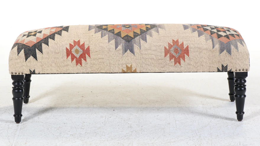 Contemporary Ebonized and Kilim-Patterned Bench | Everything But The House