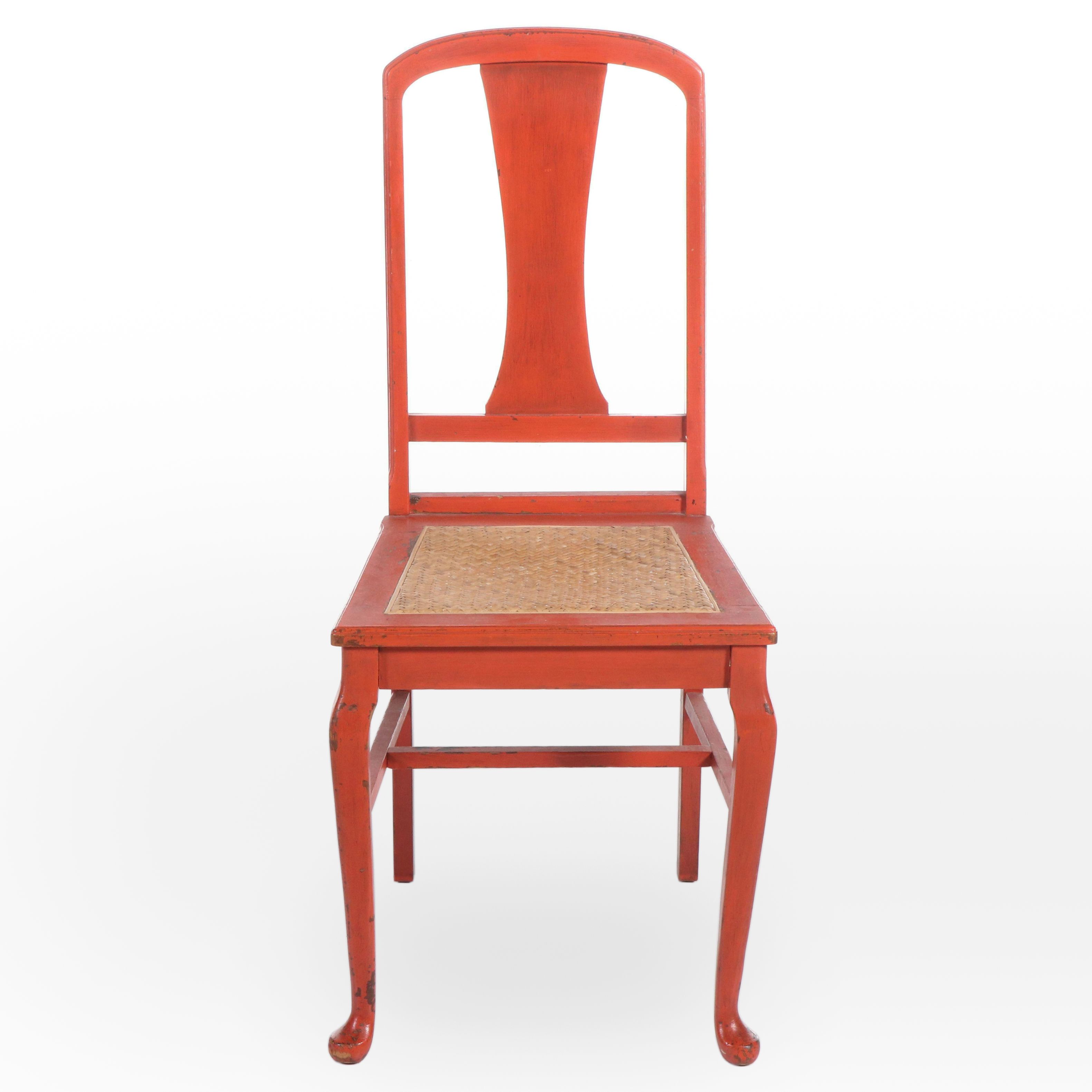 Art Deco Style Painted Wood Fiddle Back Char with Woven Seat, Mid-20th Century