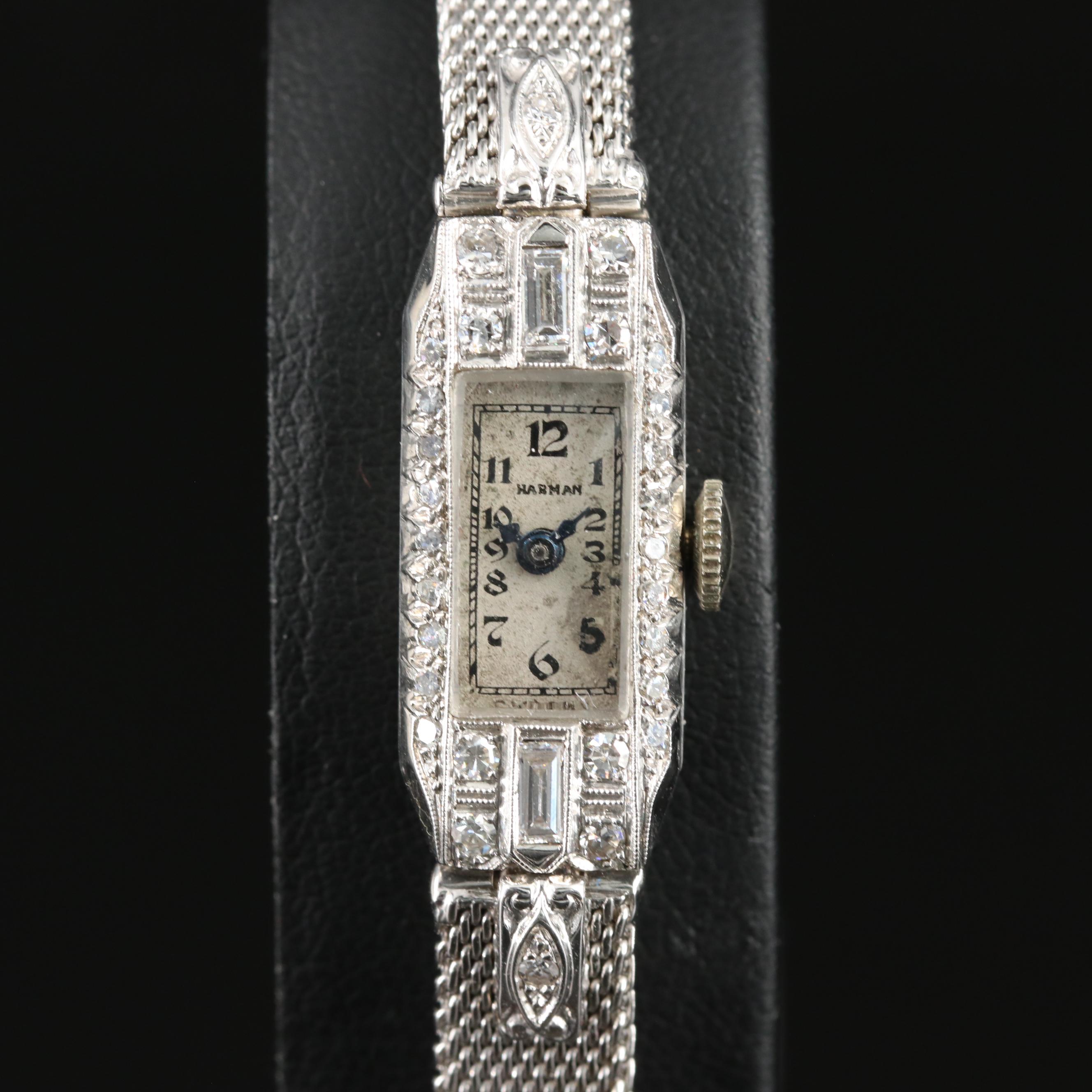 Vintage Platinum Harman Diamond Case and 14K Band Watch