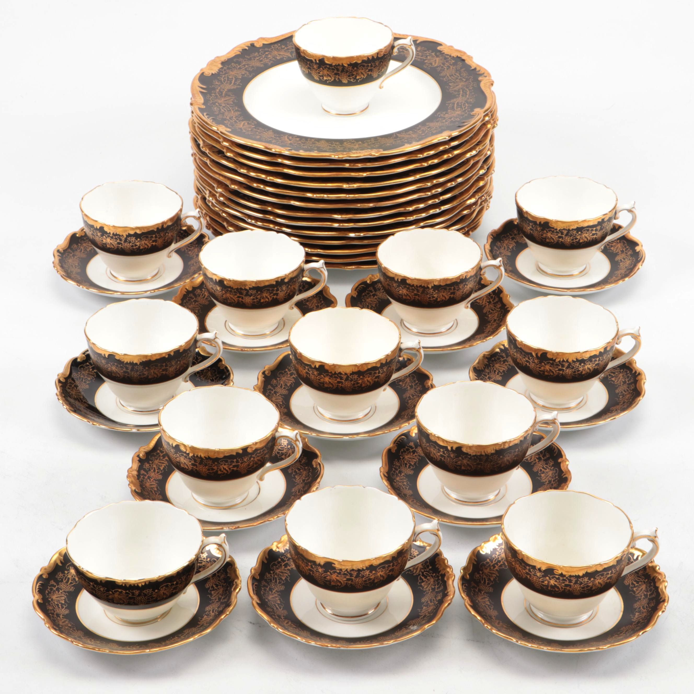 Coalport "Hazelton" Gilt Bone China Dinner Plates with Cups and Saucers, 1970s EBTH