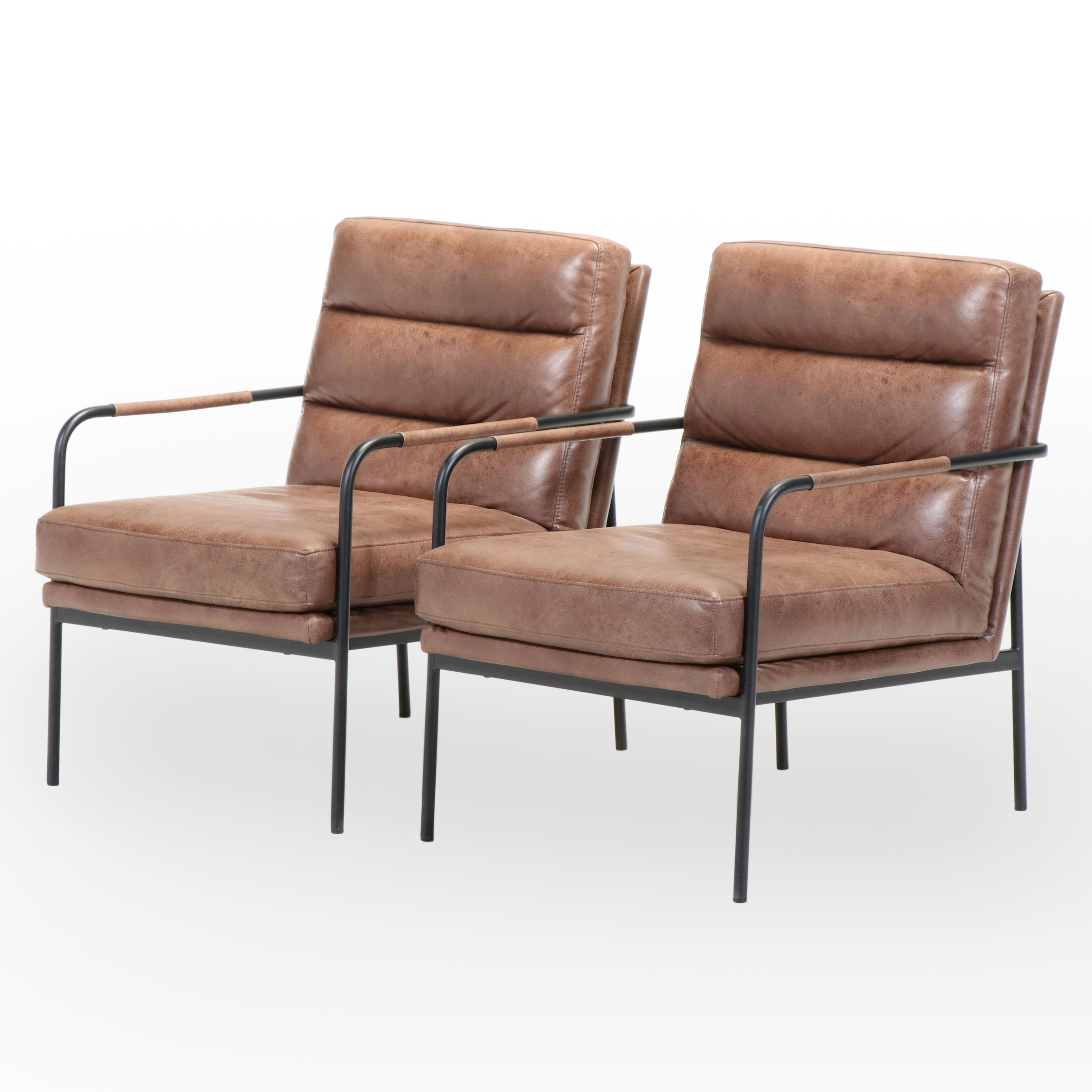 Pair of JGW Furniture Powder-Coated Metal and Faux-Leather Lounge Chairs