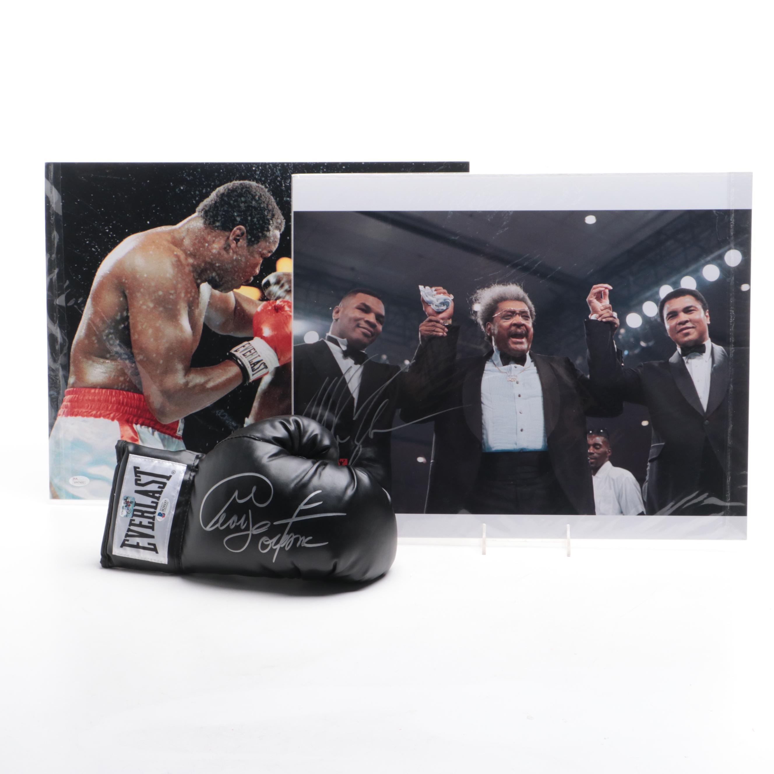 Mike Tyson Signed Print with George Foreman Signed Boxing Glove and More