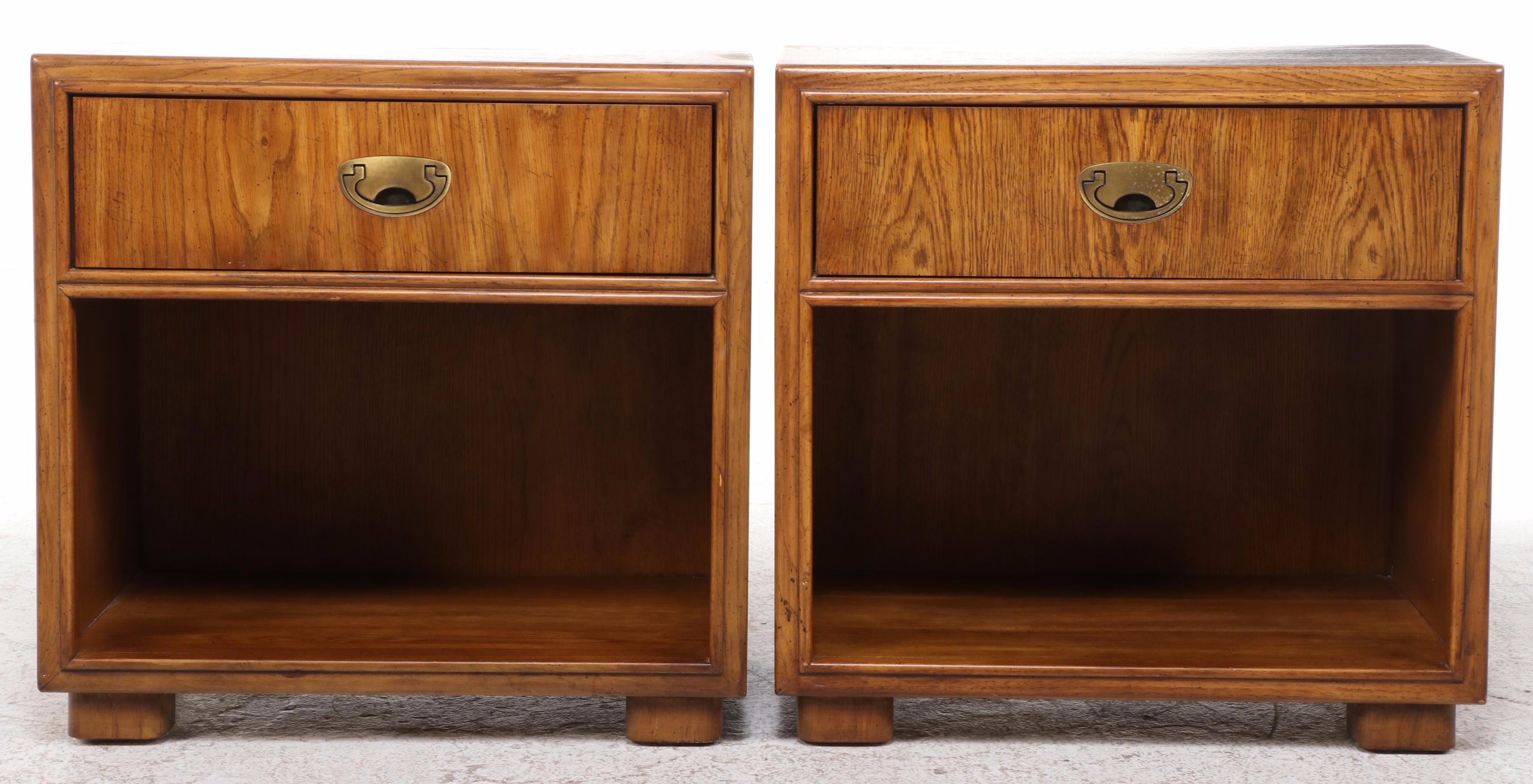 Pair of Drexel "Passage" Campaign Style Oak Nightstands, Late 20th Century