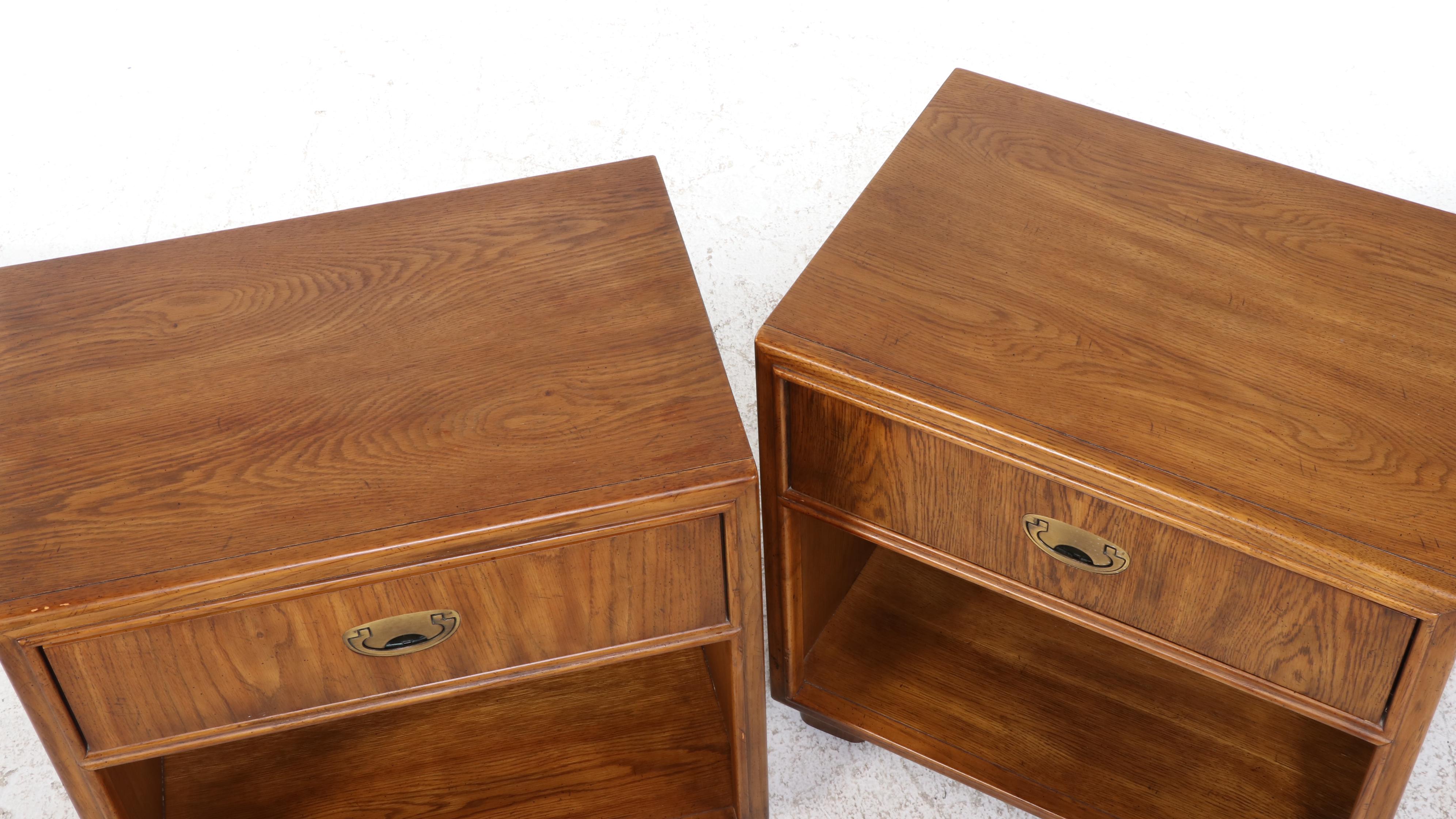Pair of Drexel "Passage" Campaign Style Oak Nightstands, Late 20th Century
