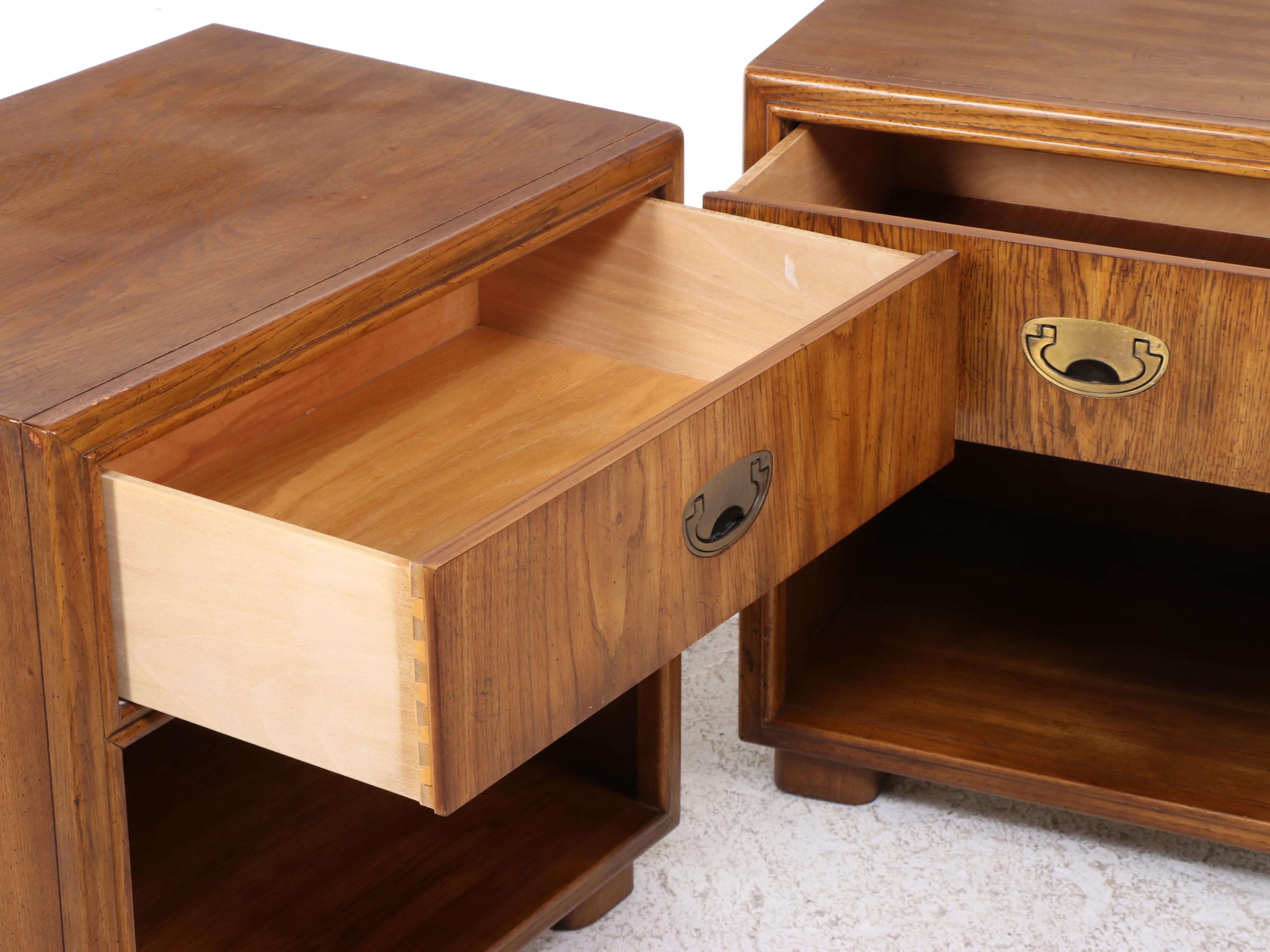 Pair of Drexel "Passage" Campaign Style Oak Nightstands, Late 20th Century