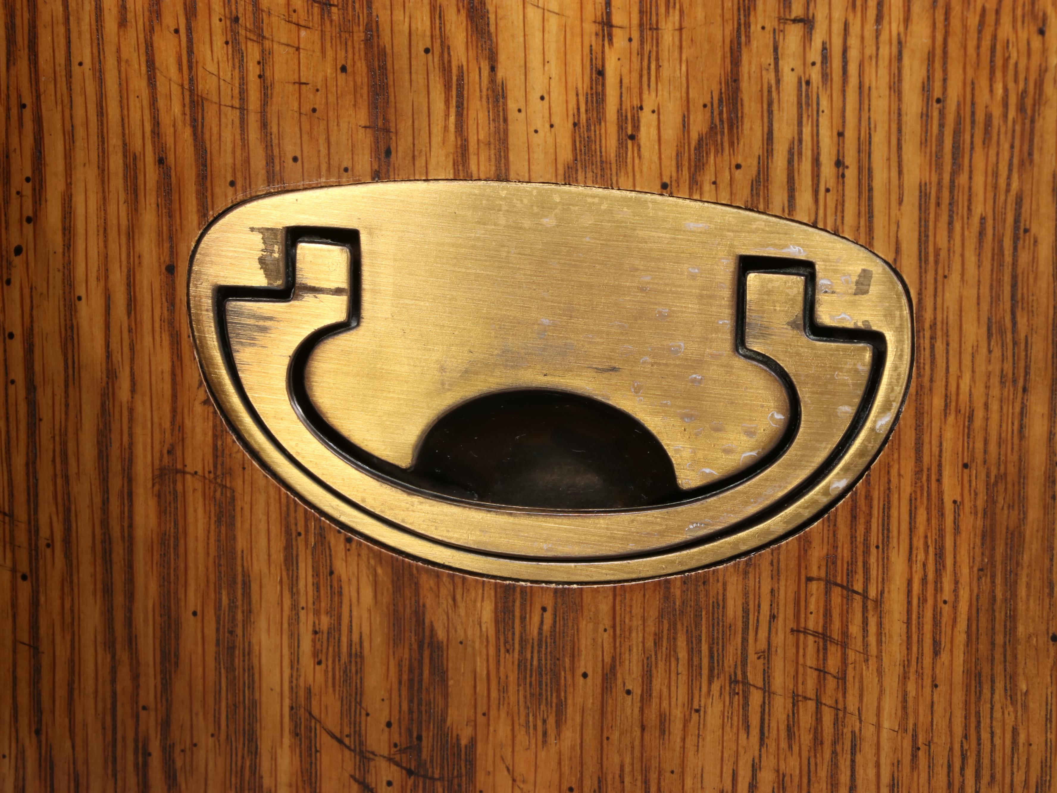 Pair of Drexel "Passage" Campaign Style Oak Nightstands, Late 20th Century