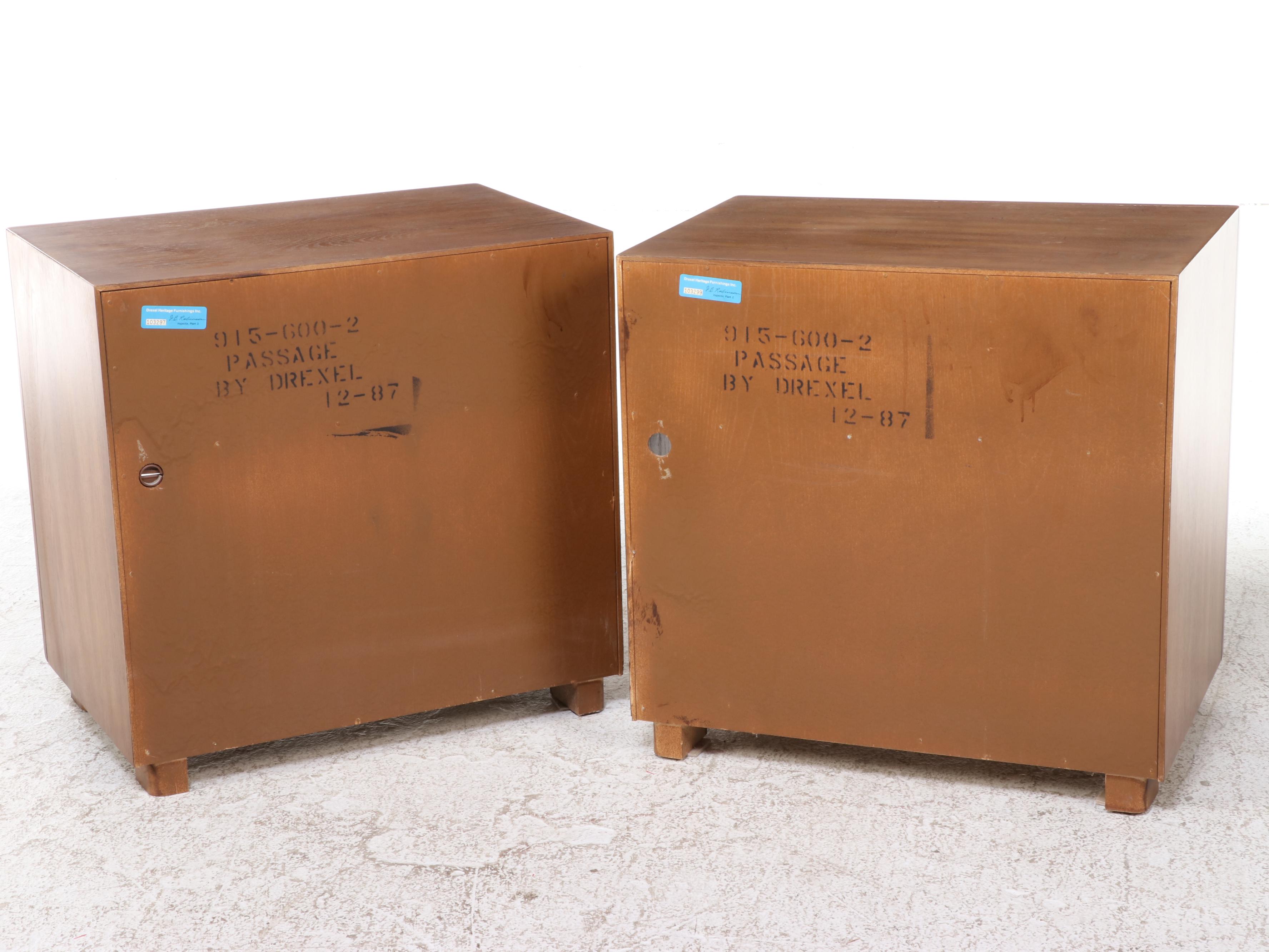 Pair of Drexel "Passage" Campaign Style Oak Nightstands, Late 20th Century