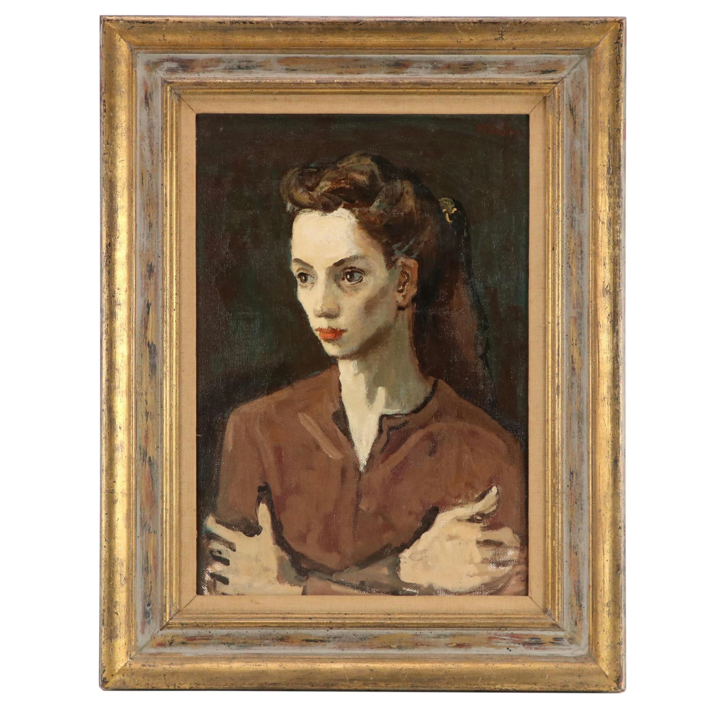 Moses Soyer Oil Painting Portrait of Woman, 1955