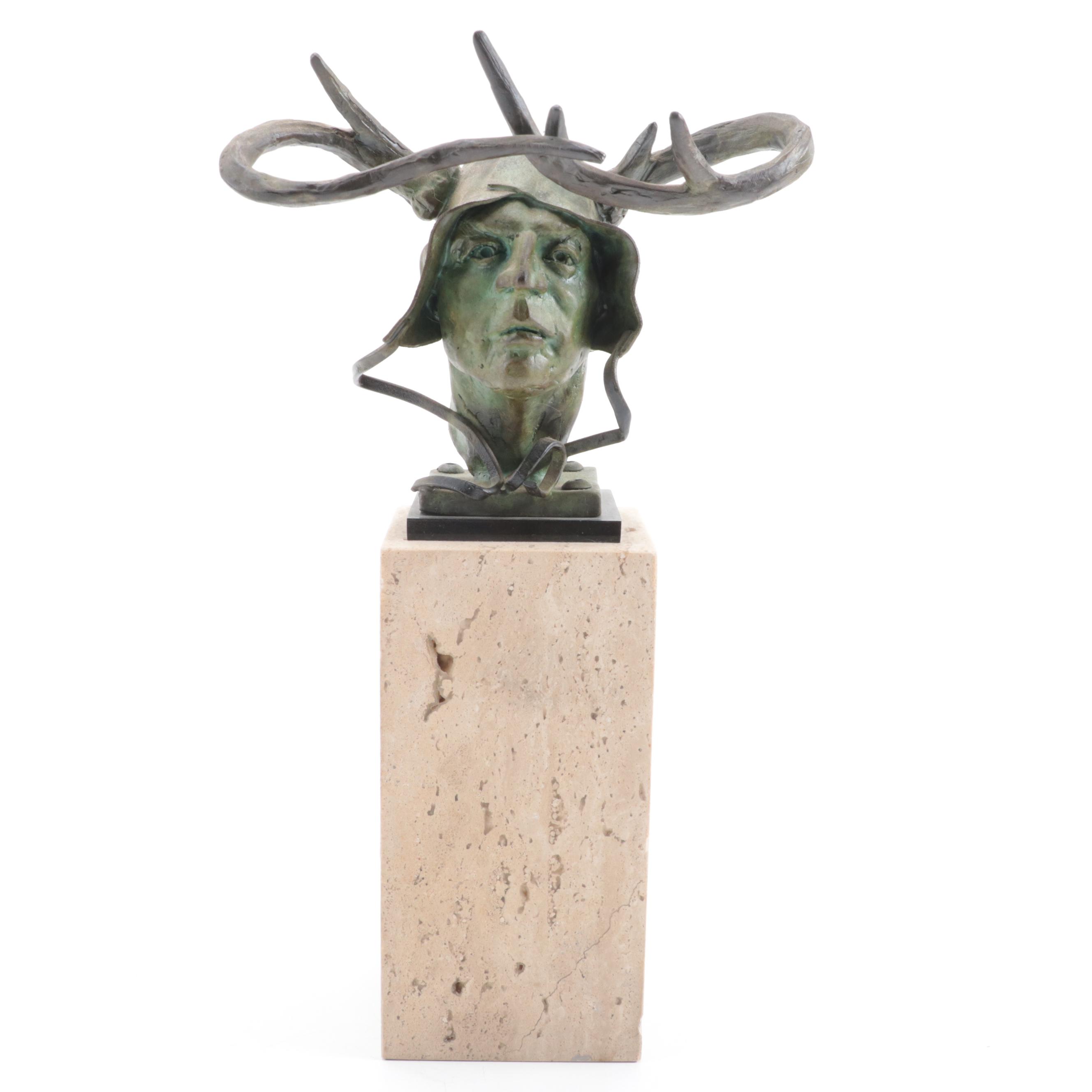 Theodore Gall Bronze Bust of Figure With Antlers, 1993