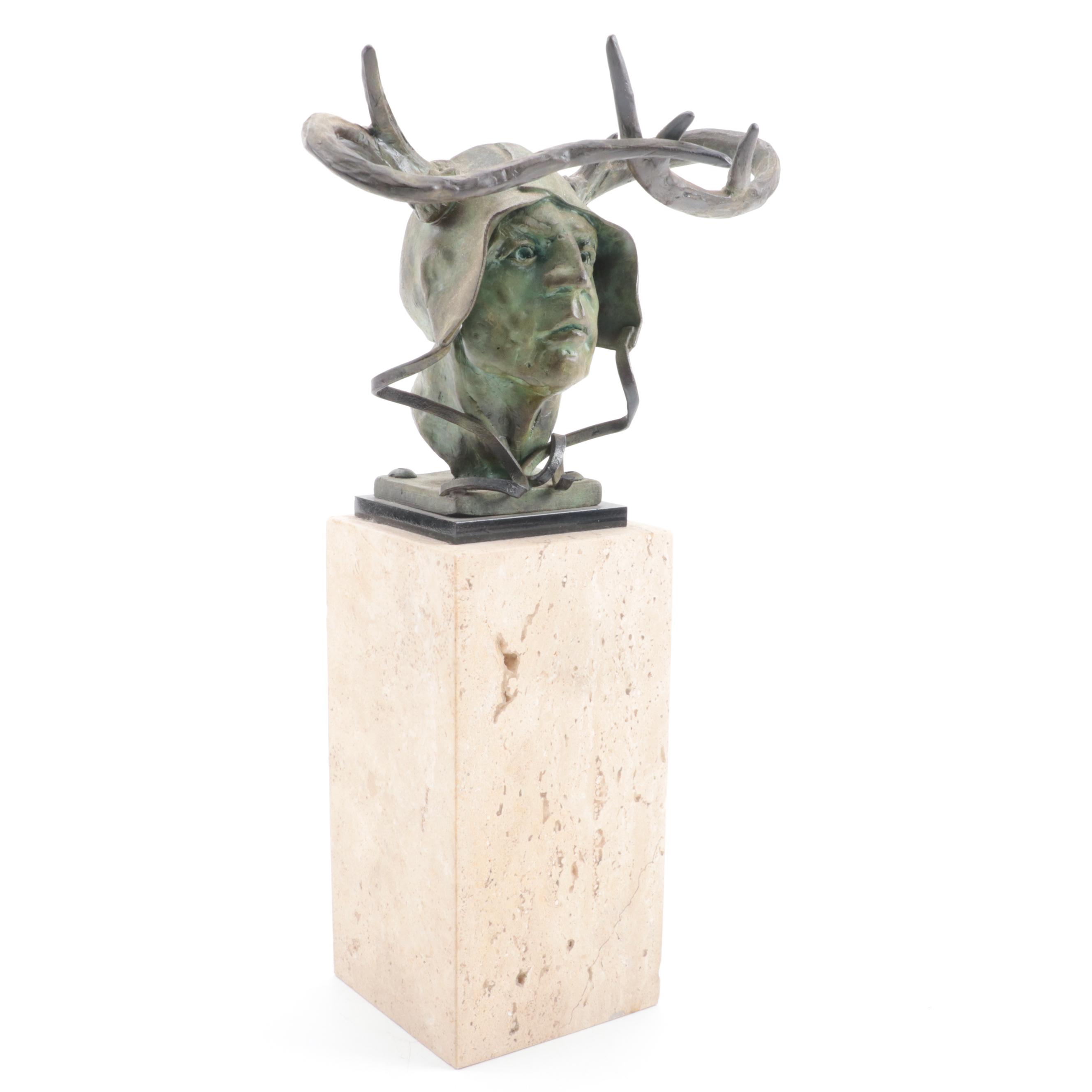 Theodore Gall Bronze Bust of Figure With Antlers, 1993
