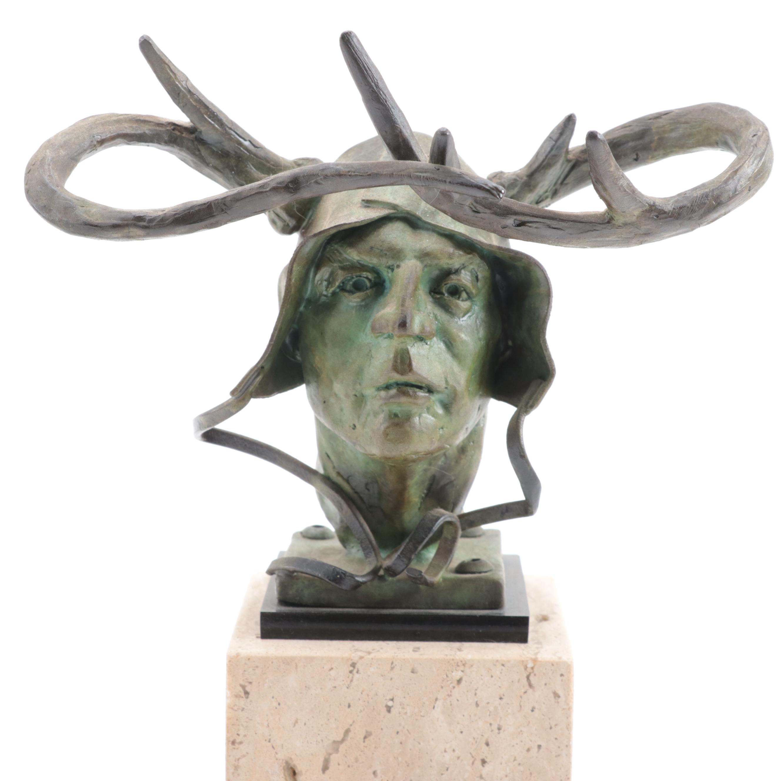 Theodore Gall Bronze Bust of Figure With Antlers, 1993