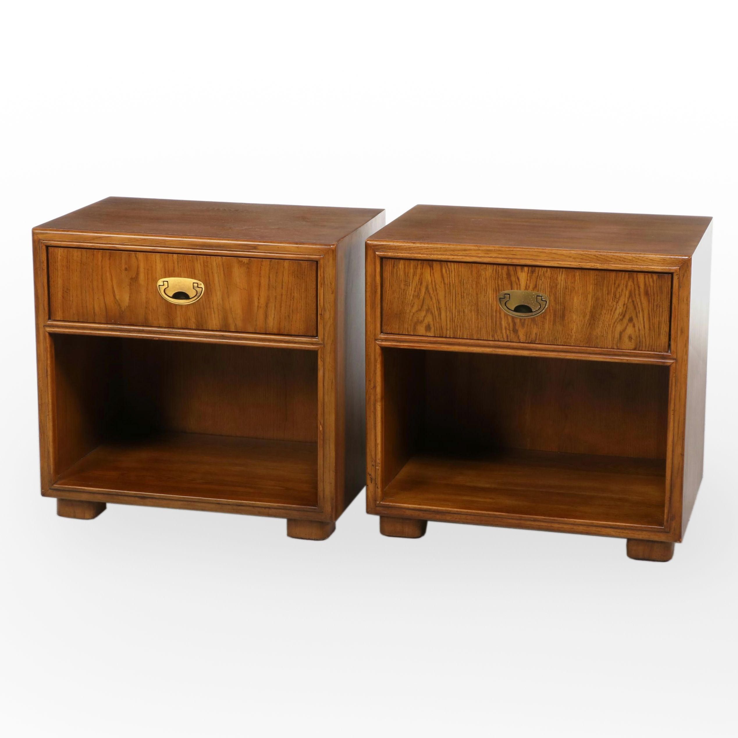 Pair of Drexel "Passage" Campaign Style Oak Nightstands, Late 20th Century