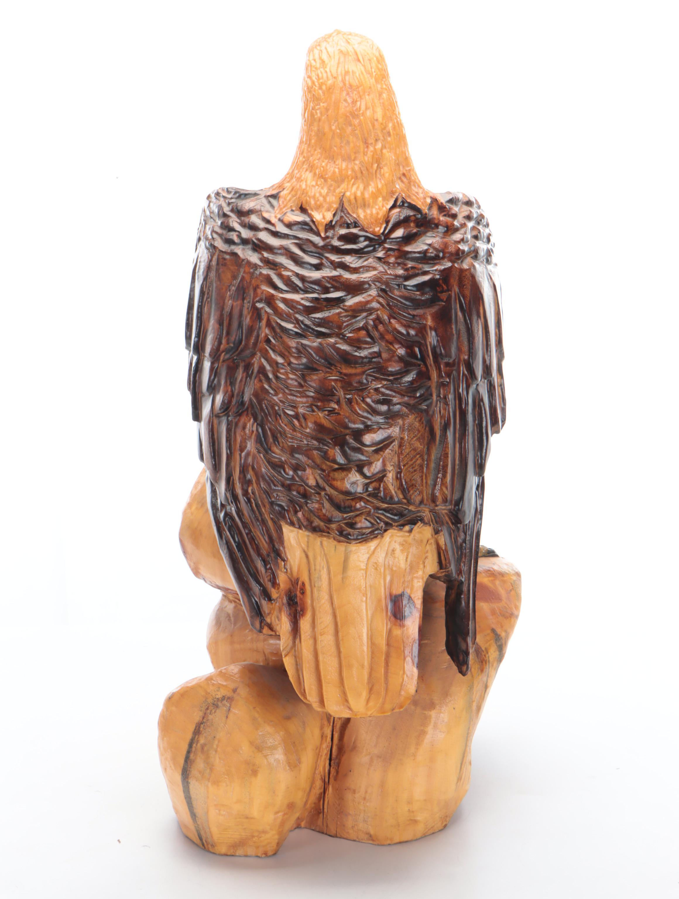 Handmade Carved Wood Sculpture of Bald Eagle