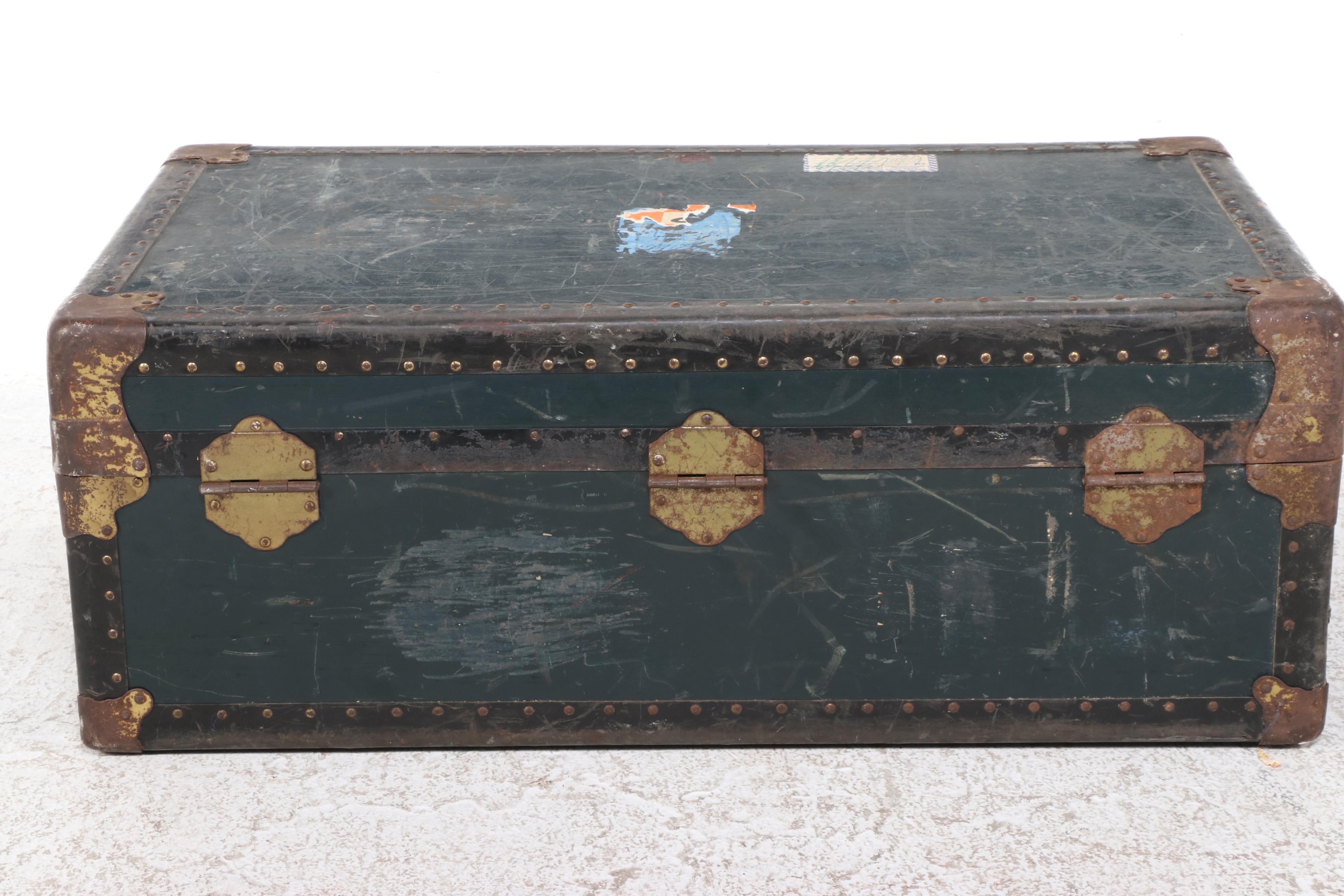 Art Deco Style Metal Foot Locker Trunk, Mid-20th Century