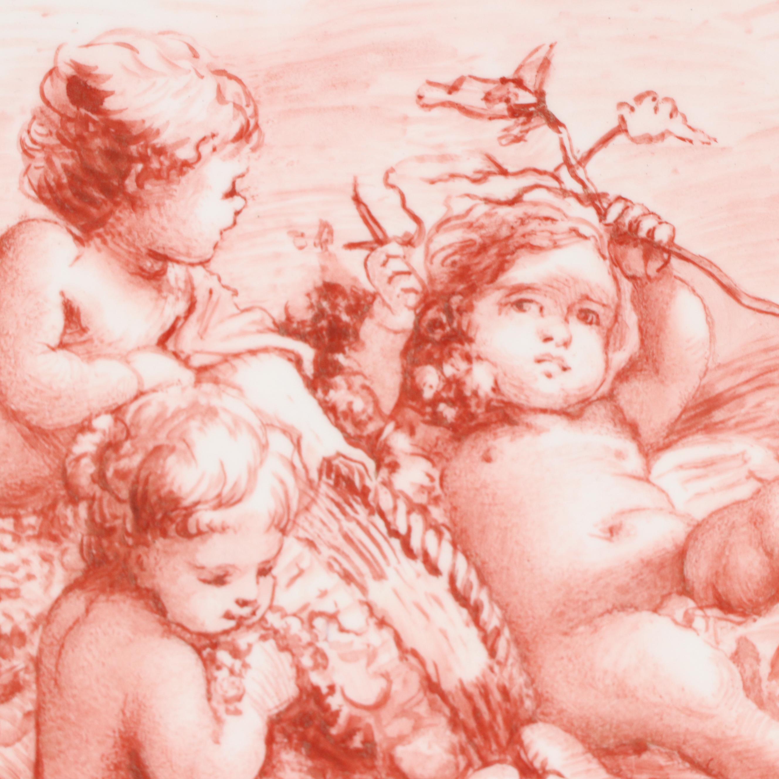 Hand-Painted Porcelain Plaque After François Boucher of Three Cherubs