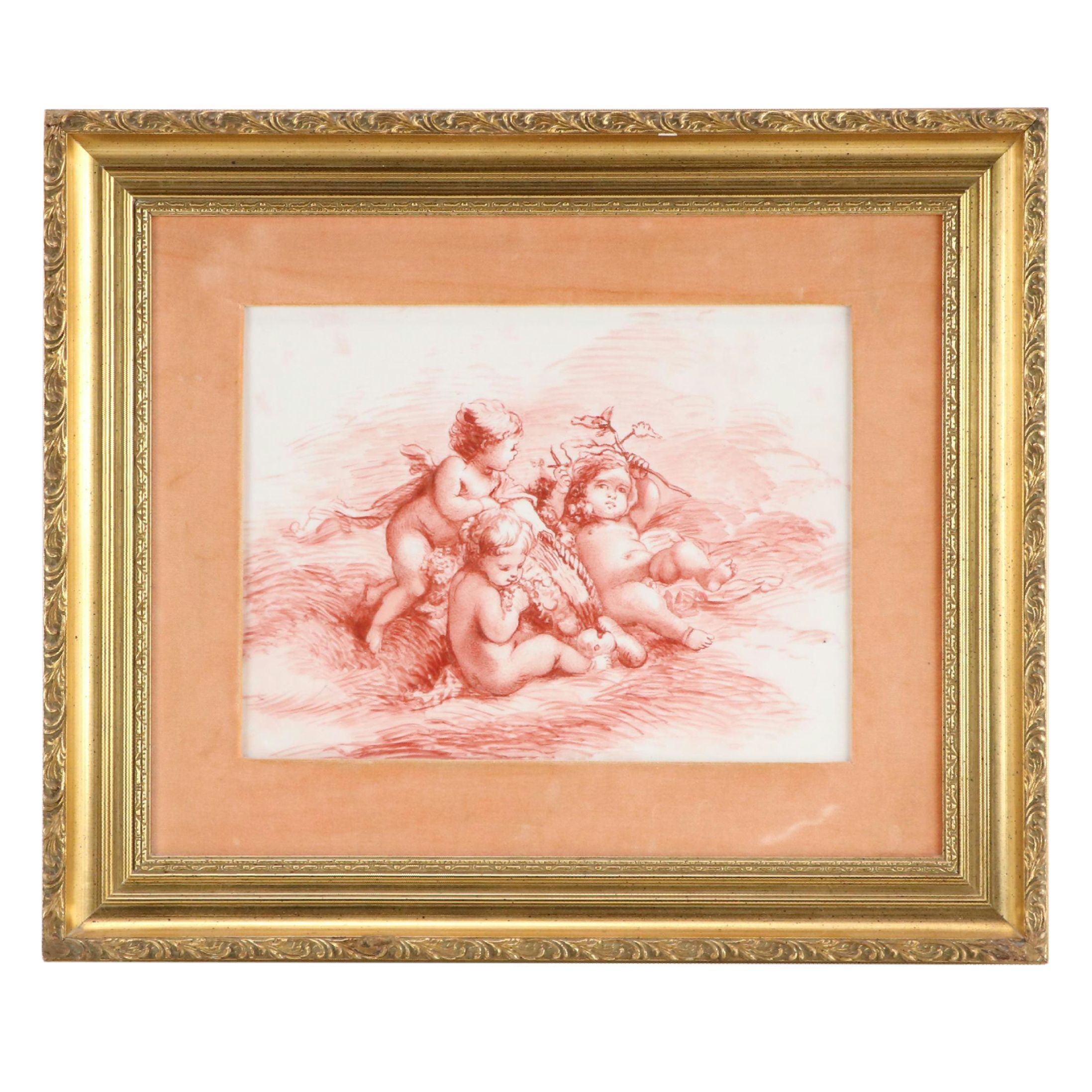 Hand-Painted Porcelain Plaque After François Boucher of Three Cherubs