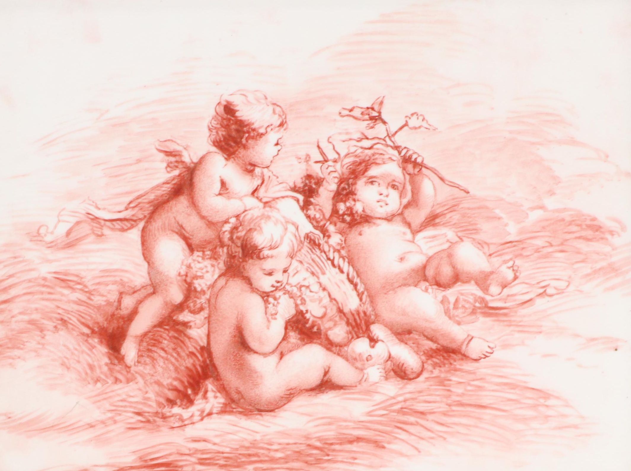 Hand-Painted Porcelain Plaque After François Boucher of Three Cherubs