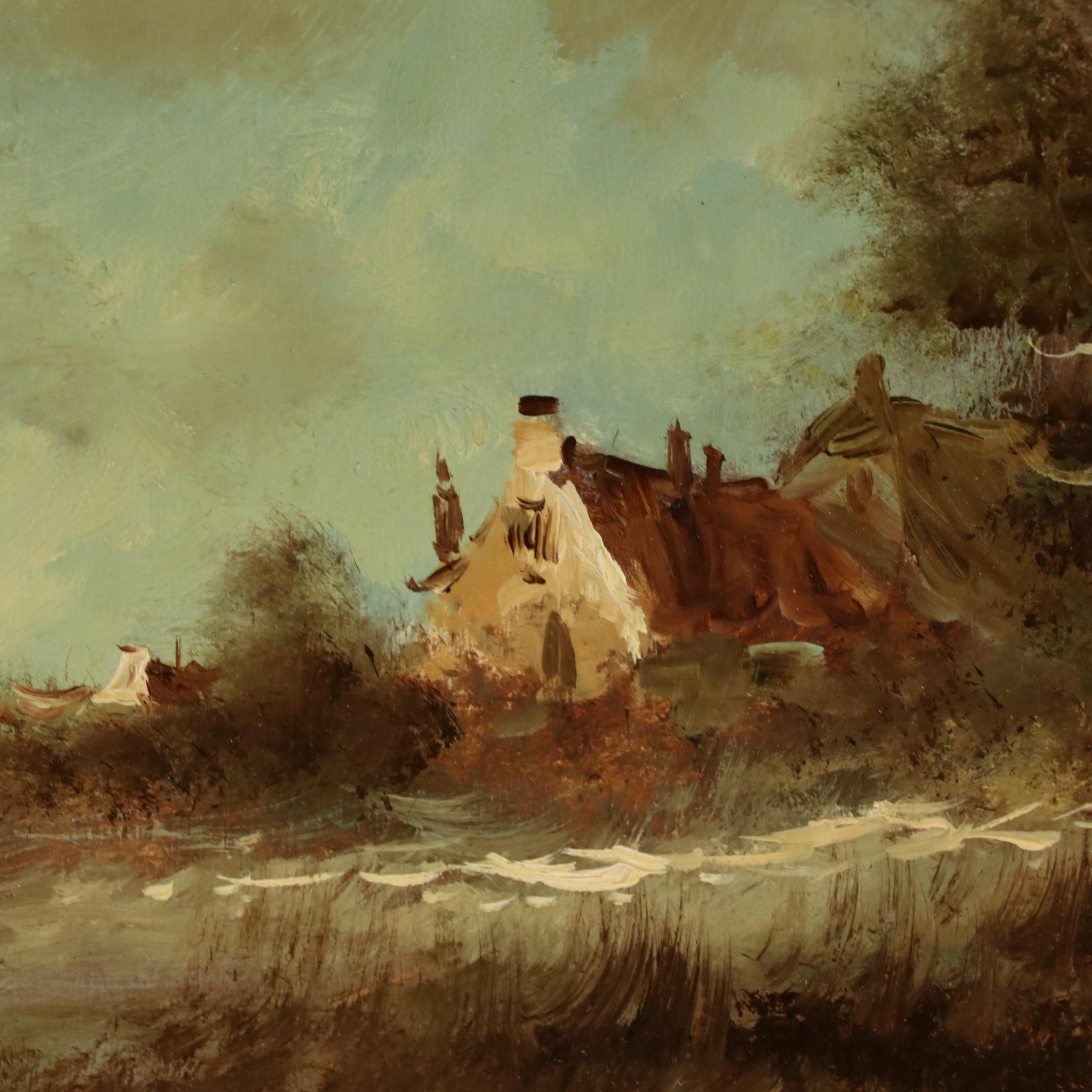 V. Holst Oil Painting of Landscape with House and Figures