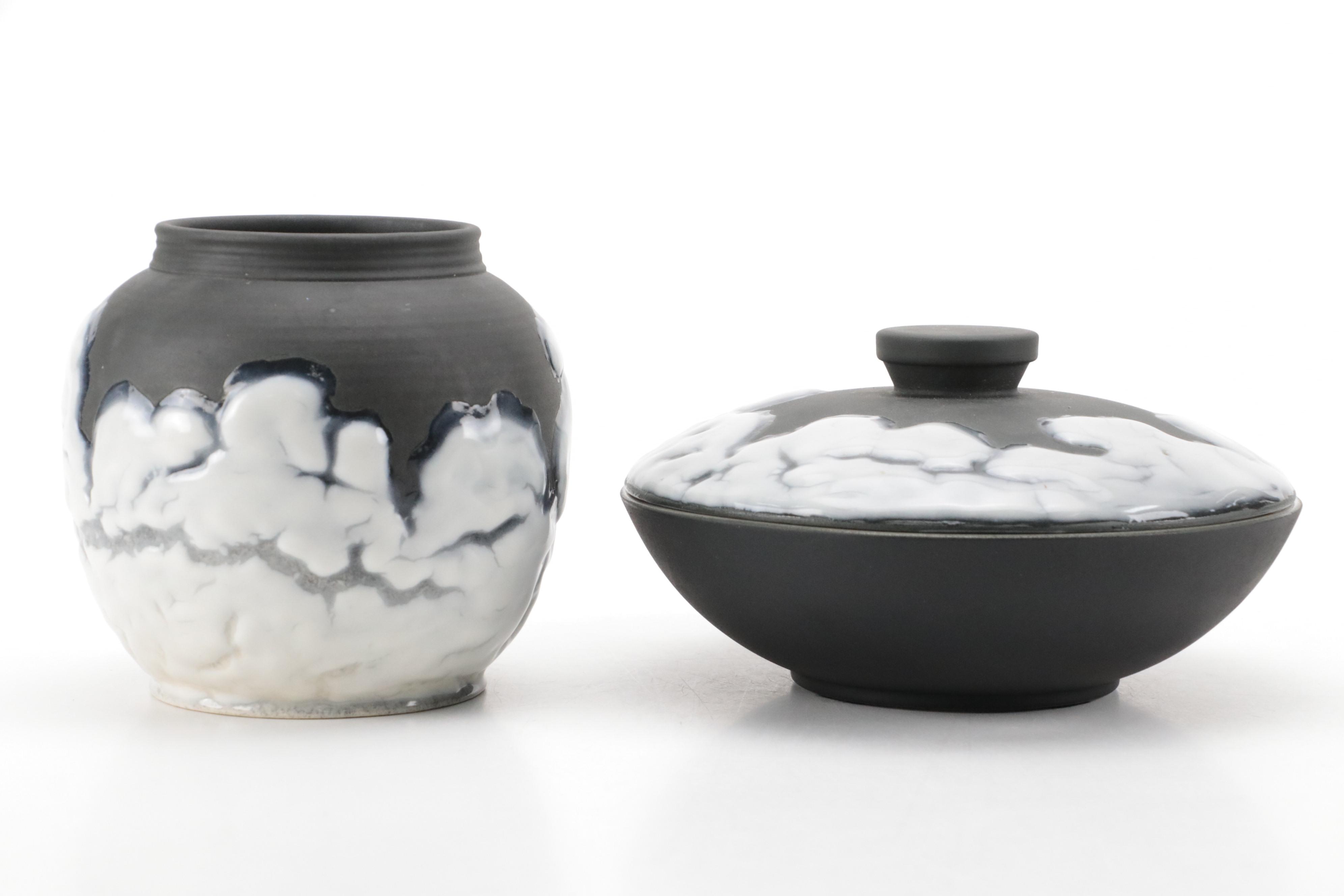 Rookwood Pottery Cirrus Glaze Ceramic Vase and Lidded Bowl, 1953