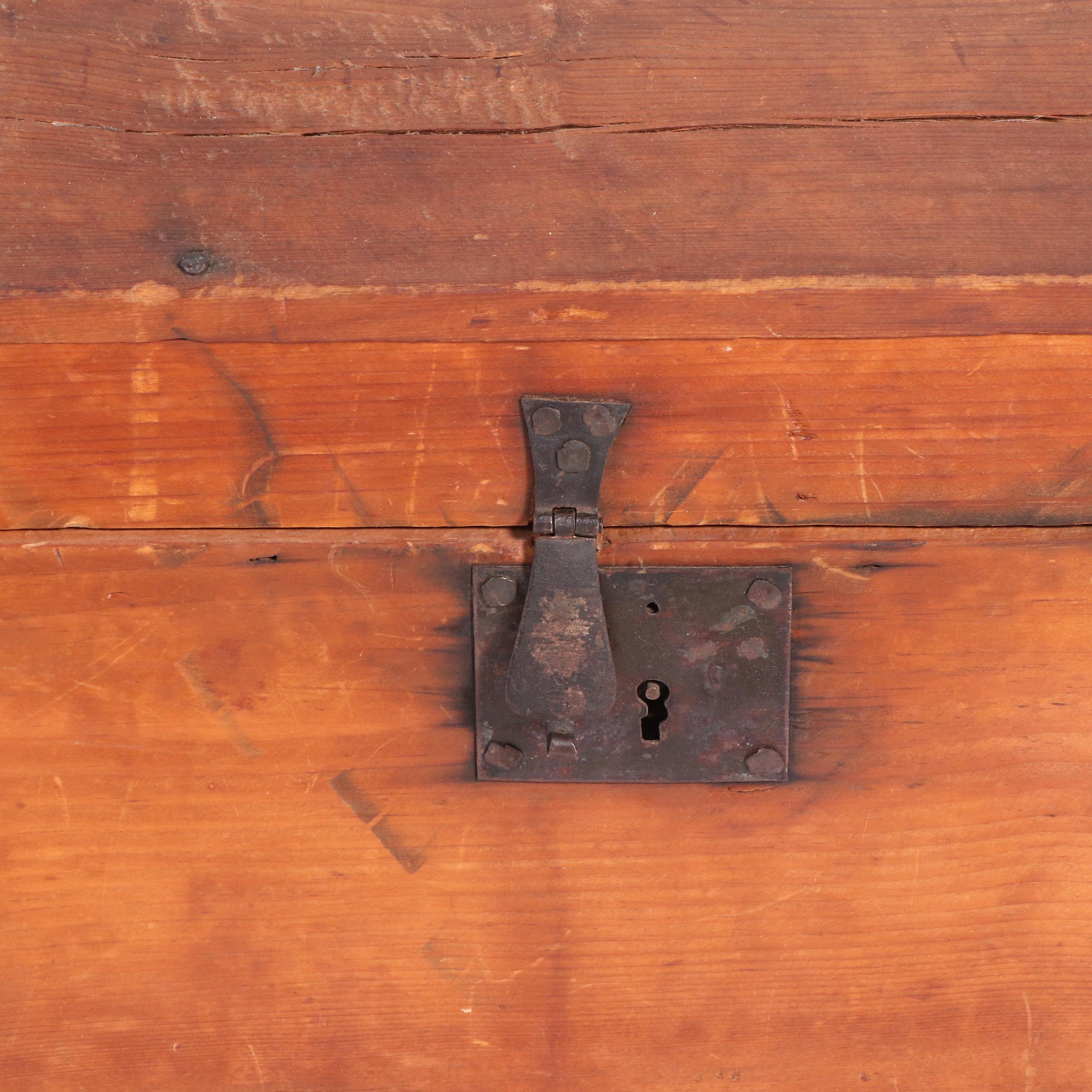 Small American Primitive Iron-Mounted Pine Dome-Top Trunk, Mid-19th Century