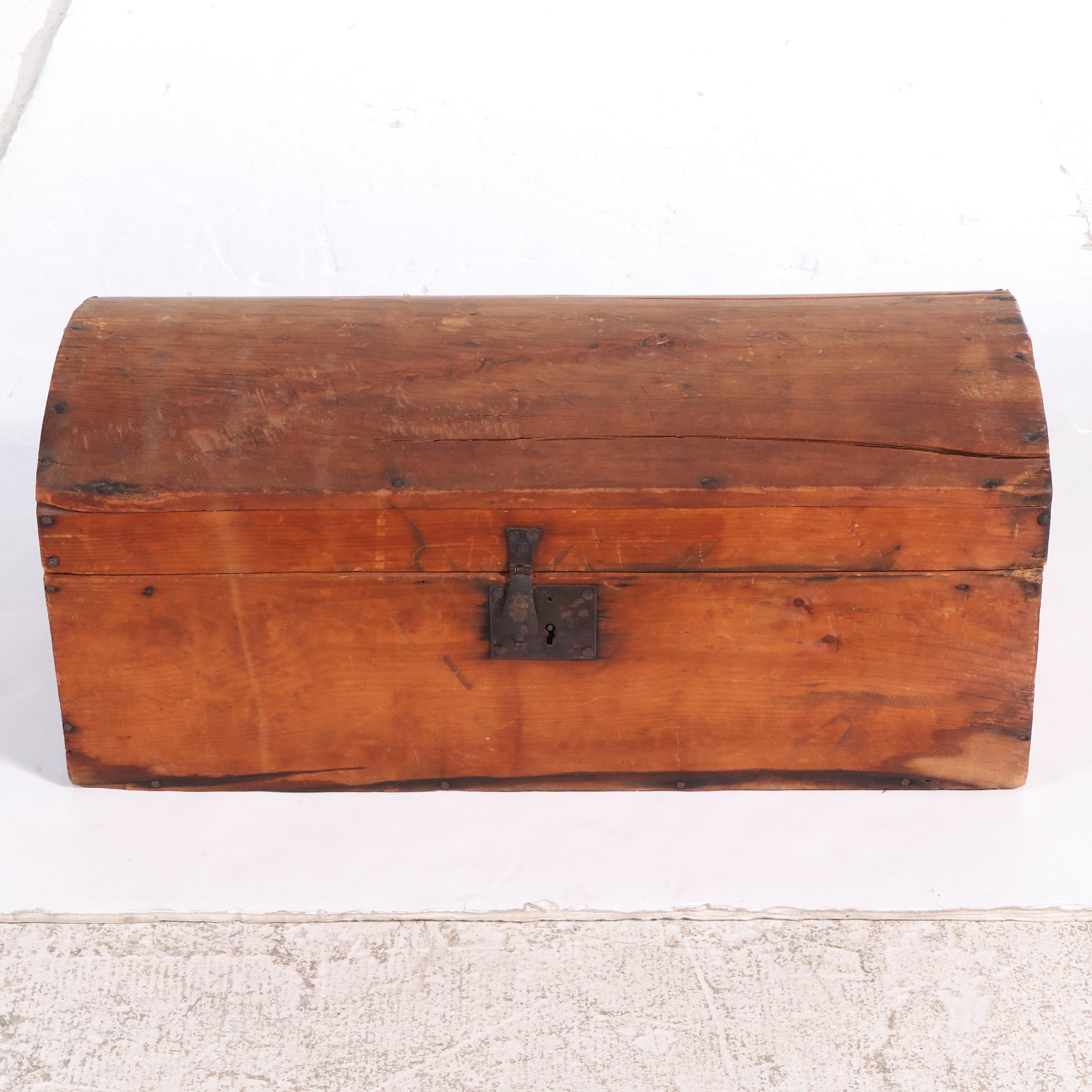 Small American Primitive Iron-Mounted Pine Dome-Top Trunk, Mid-19th Century