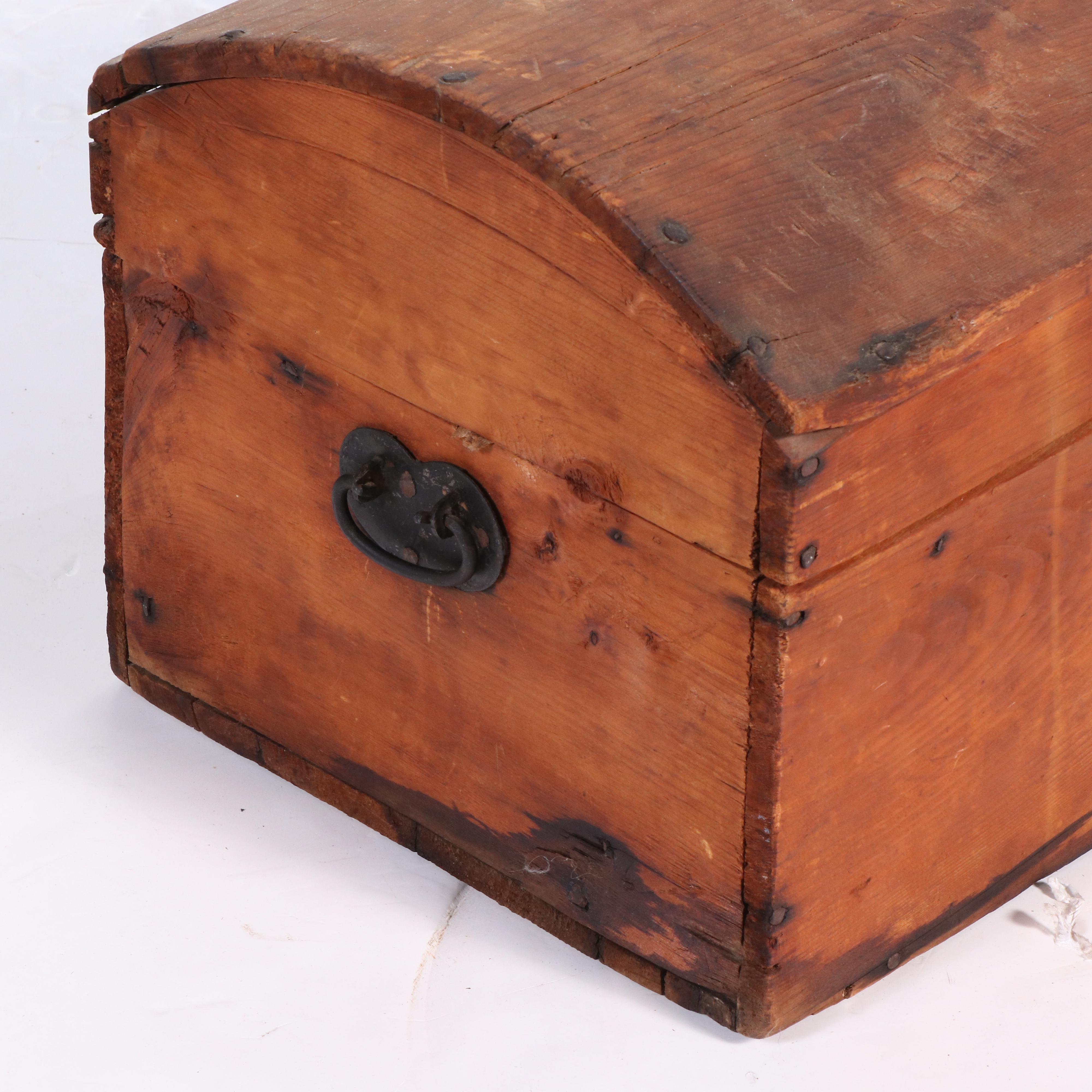 Small American Primitive Iron-Mounted Pine Dome-Top Trunk, Mid-19th Century