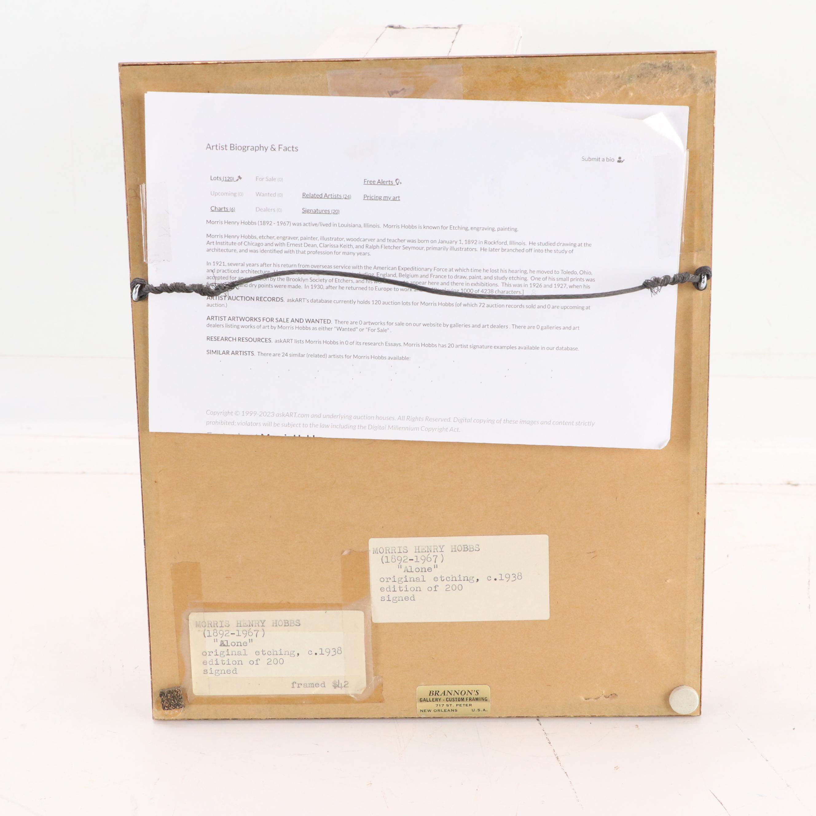 Morris Henry Hobbs Nude Figural Etching "Alone," Circa 1938