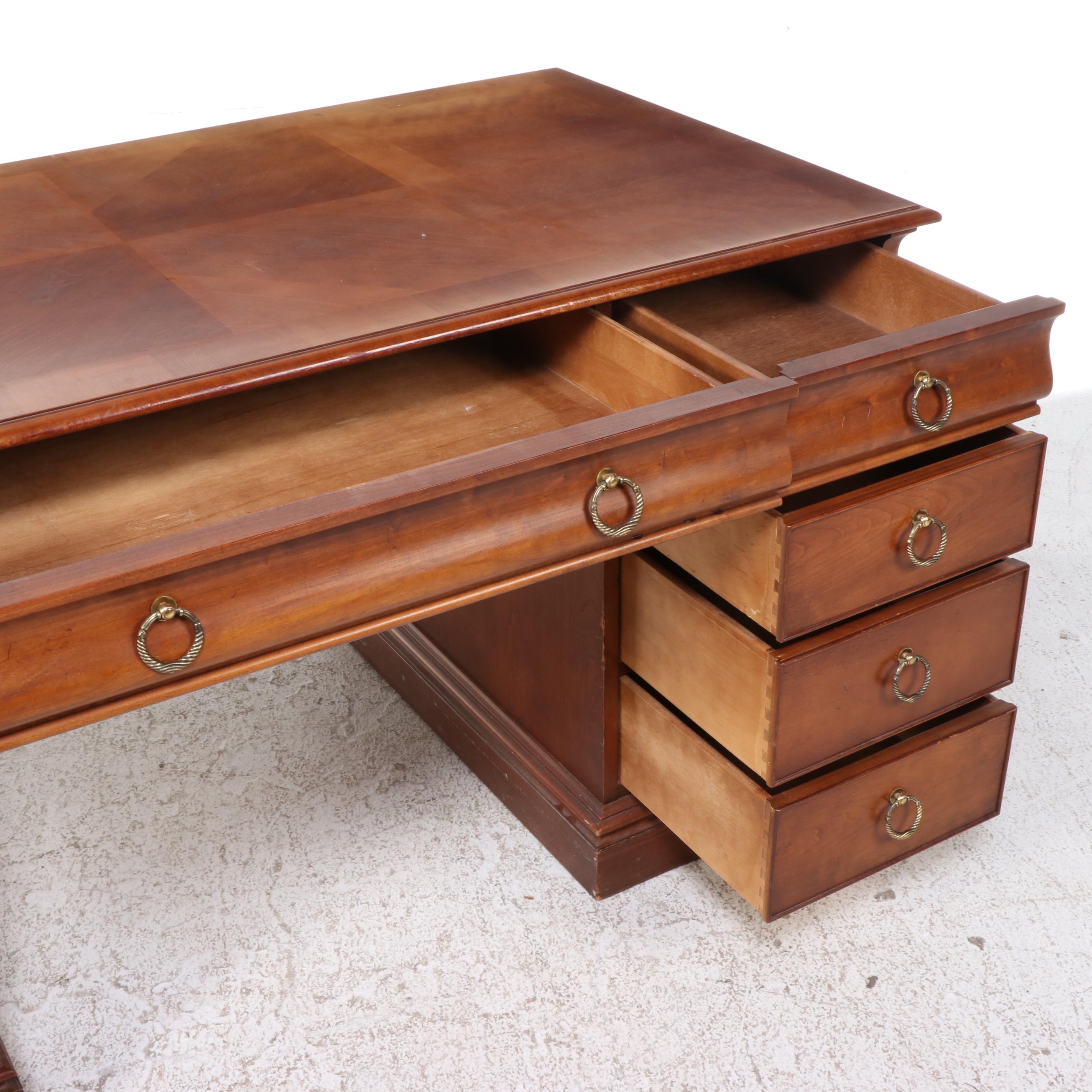 Georgian Style Desk with Leather Office Chair and Brass Lamp