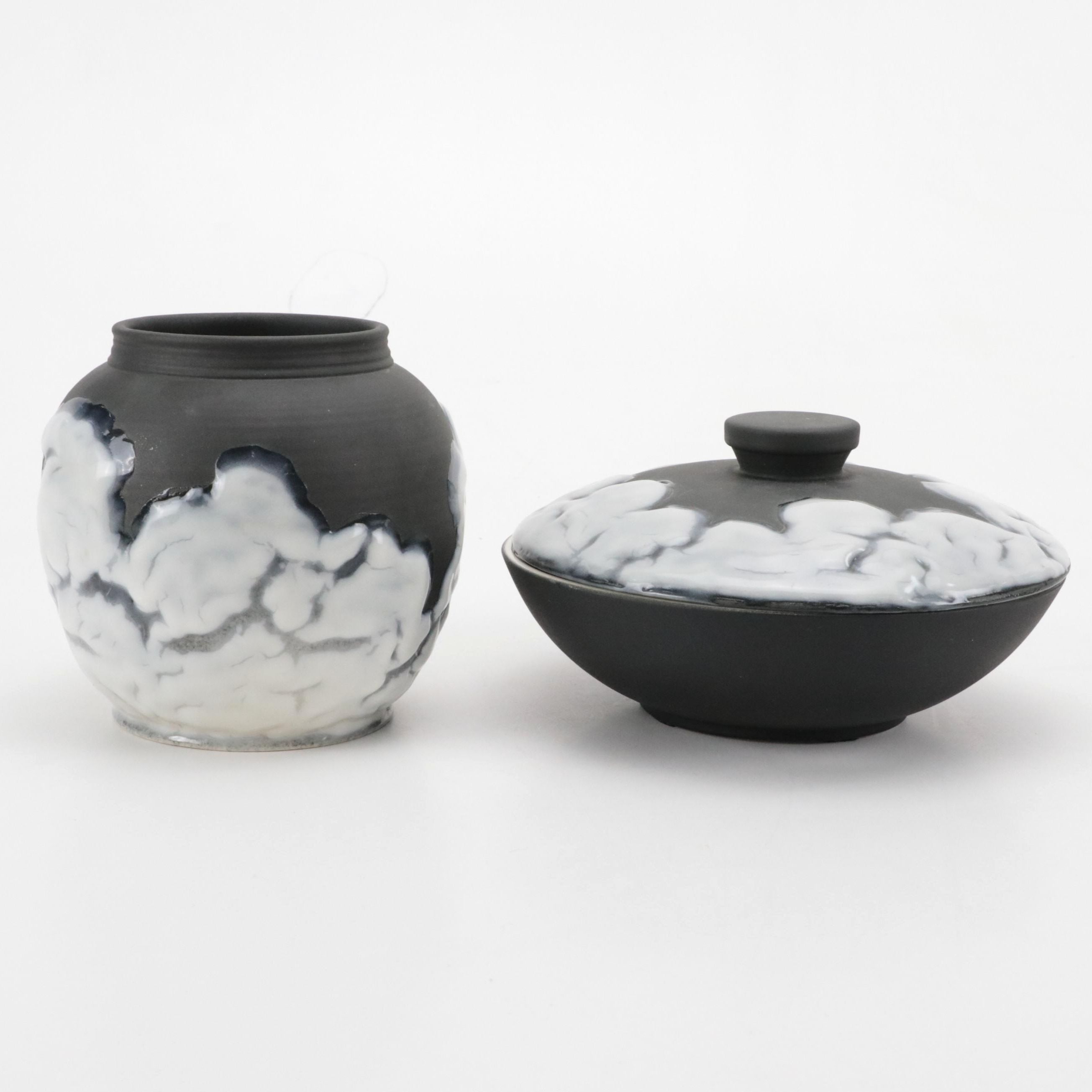 Rookwood Pottery Cirrus Glaze Ceramic Vase and Lidded Bowl, 1953