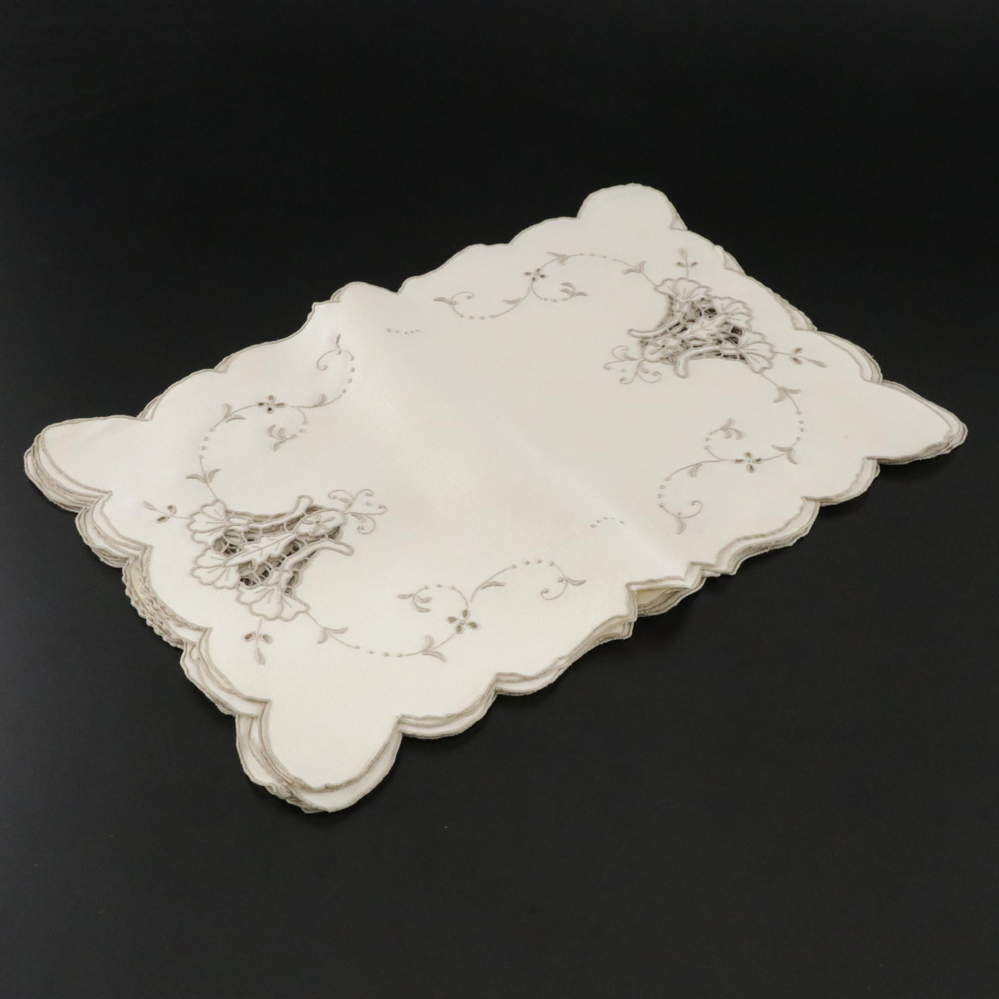 Openwork Machine Embroidered Table Linens In Tan and Sage